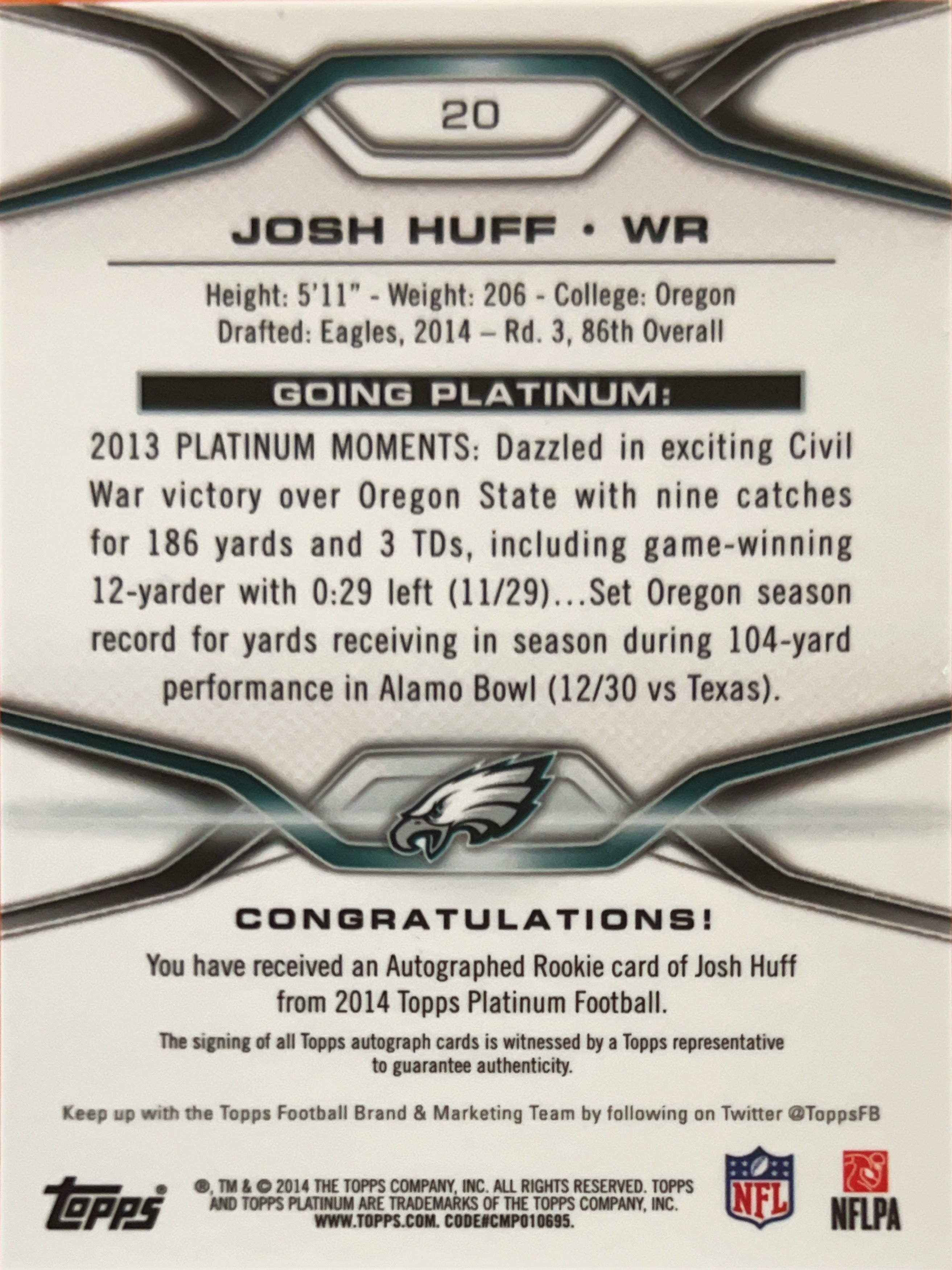 2014 Topps Platinum Josh Huff #20 RC Auto