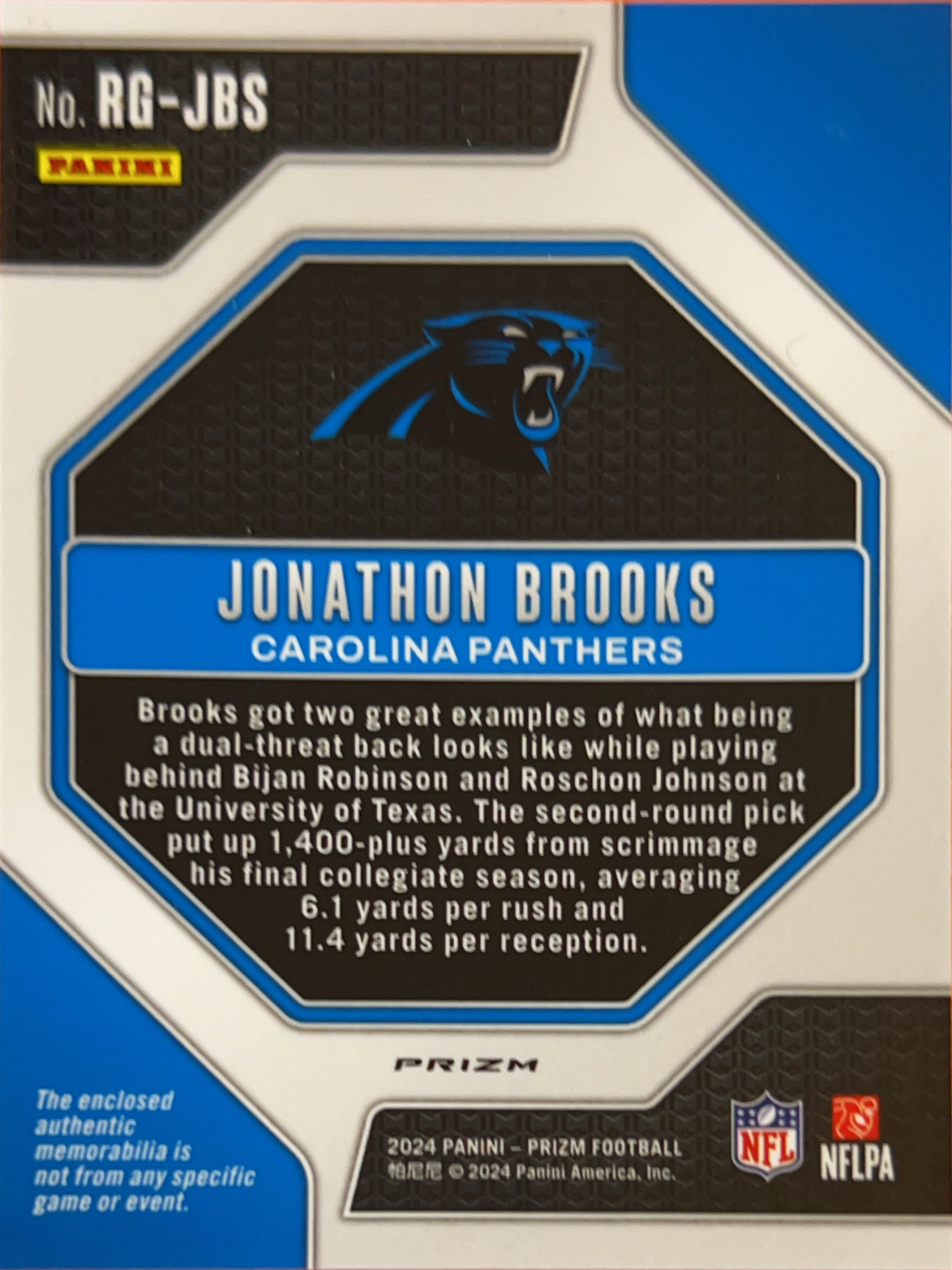 2024 Panini Prizm Rookie Gear Jonathon Brooks #RG-JBS Silver RC Memorabilia