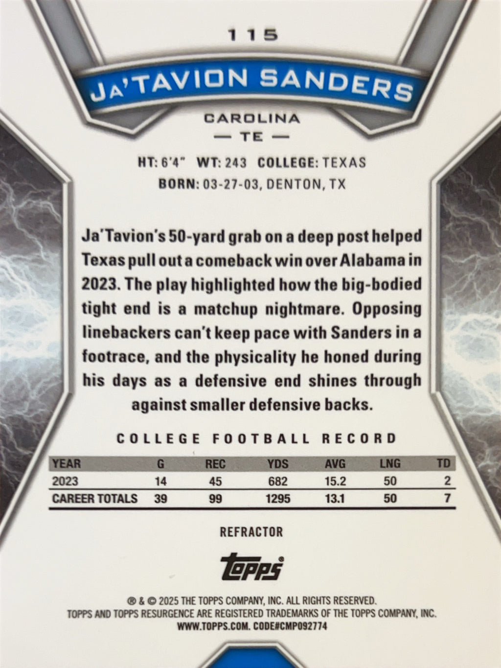 2025 Topps Resurgence Ja'Tavion Sanders #115 Refractor