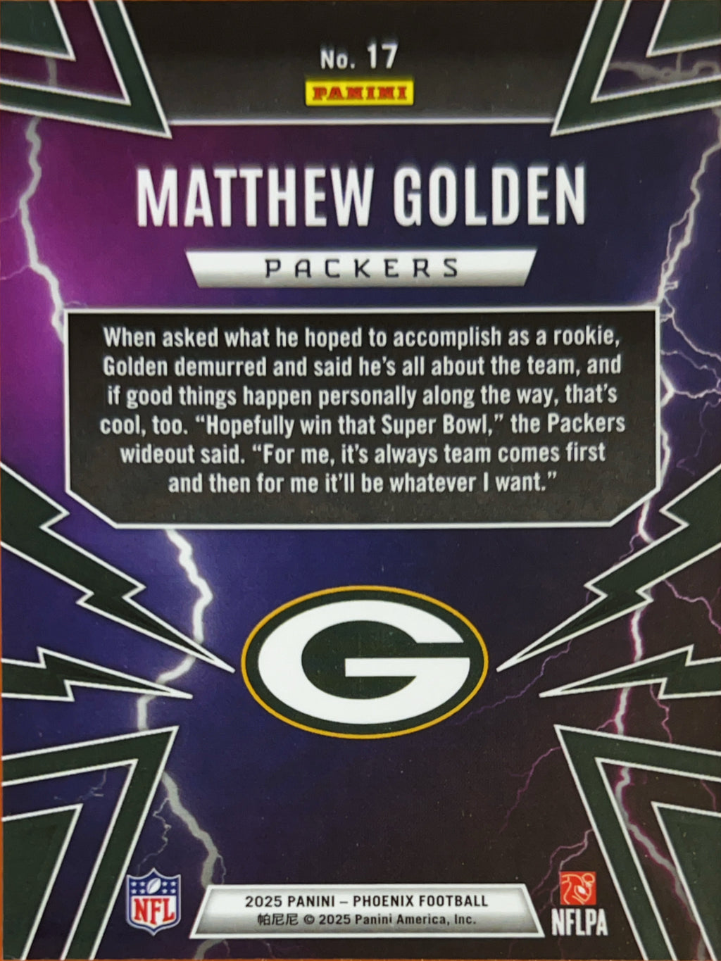2025 Panini Phoenix Thunderbirds Matthew Golden #17 RC