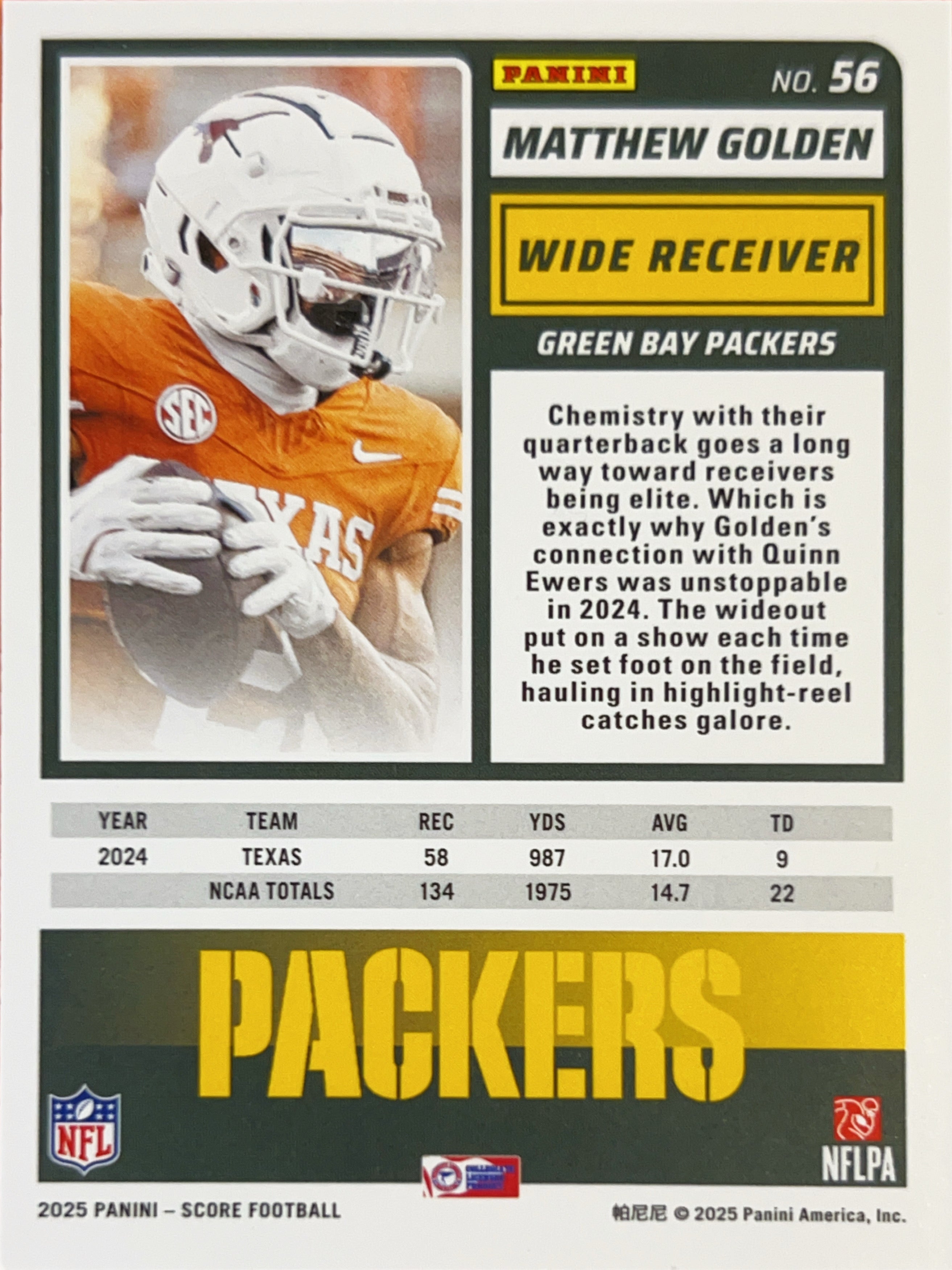 2025 Panini Score Matthew Golden #56 Press Proof Green RC