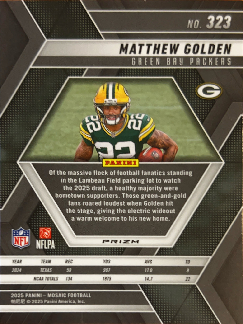 2025 Panini Mosaic Matthew Golden #323 Silver Prizm RC