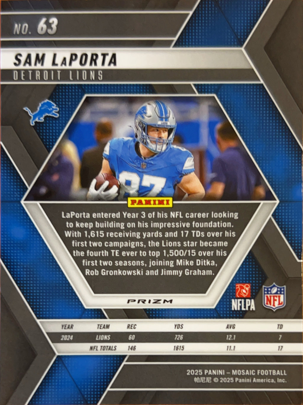 2025 Panini Mosaic Football Sam LaPorta #63 Purple Scope