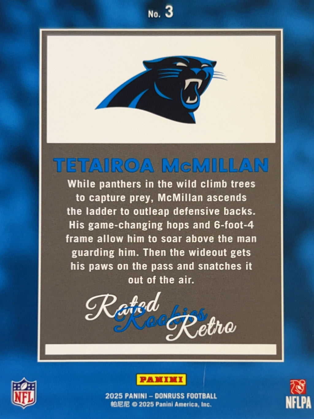 2025 Panini Donruss Rated Rookies Retro Tetairoa McMillan #3 Blue Prizm