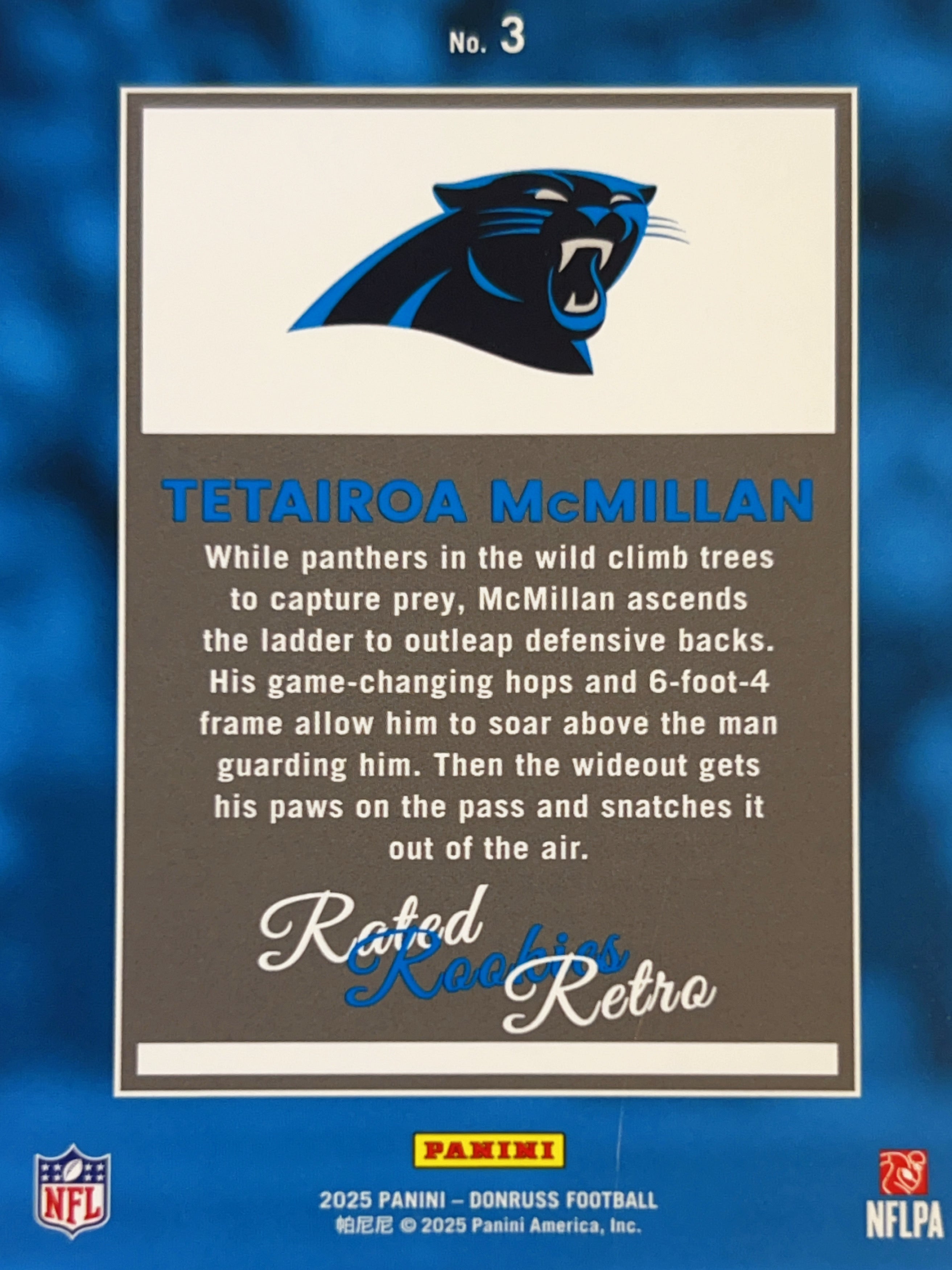 2025 Panini Donruss Rated Rookies Retro Tetairoa McMillan #3 Blue Prizm