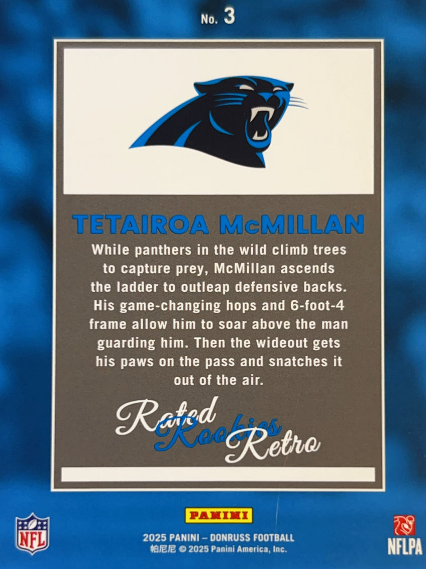 2025 Panini Donruss Rated Rookies Retro Tetairoa McMillan #3 Blue Prizm