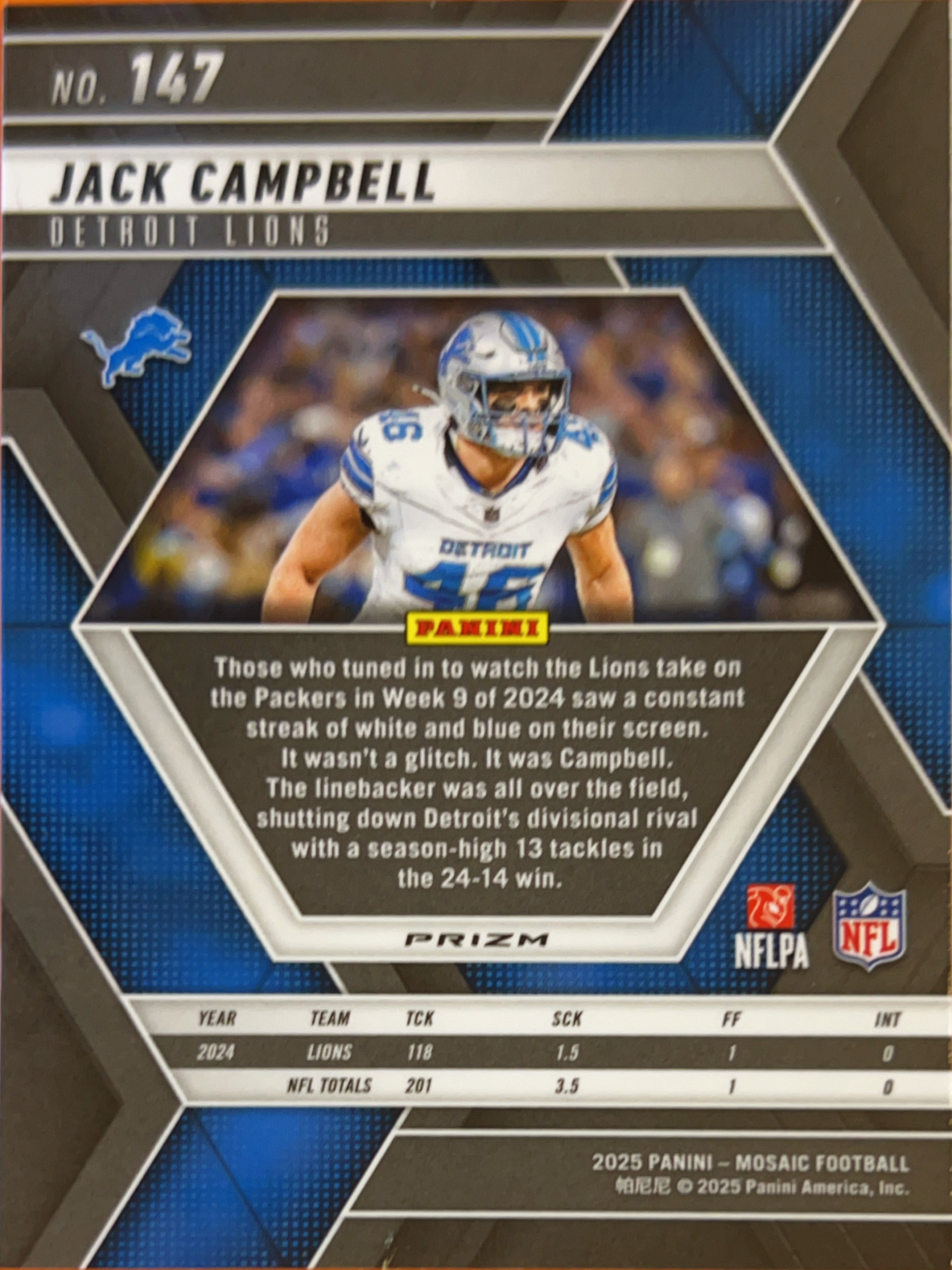 2025 Panini Mosaic Football Jack Campbell #147 Green Prizm