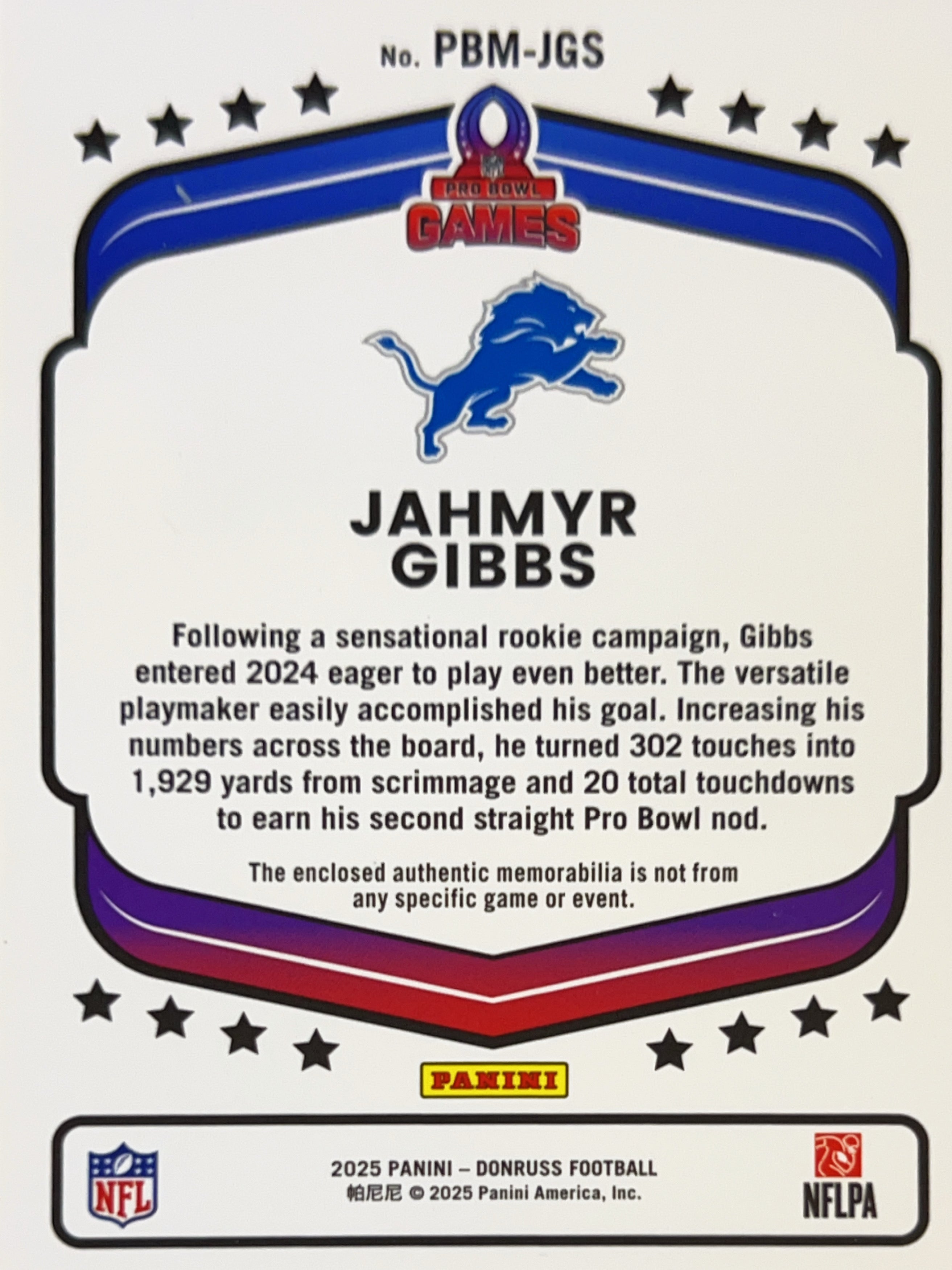2025 Panini Donruss Pro Bowl Games Jahmyr Gibbs #PBM-JGS Memorabilia