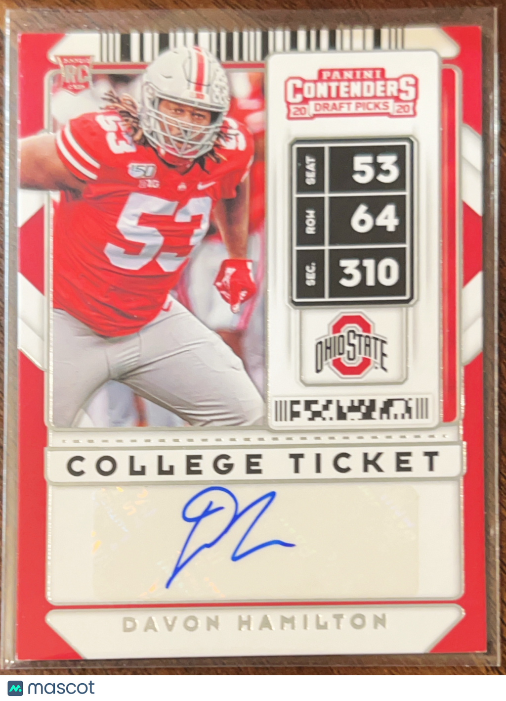 2020 Panini Contenders Draft Picks Davon Hamilton #306 RC Auto