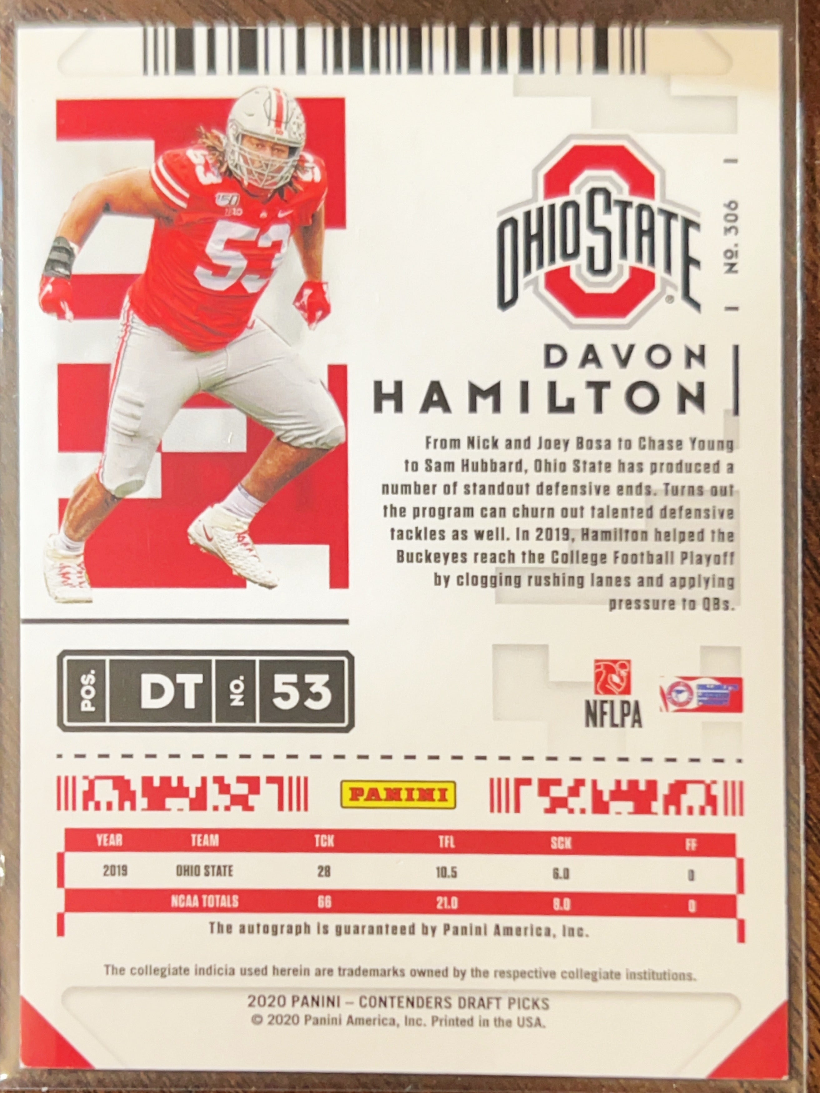 2020 Panini Contenders Draft Picks Davon Hamilton #306 RC Auto