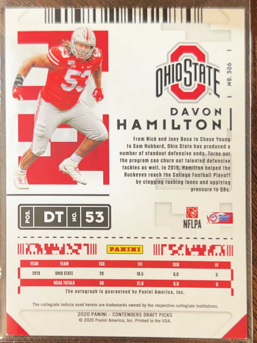 2020 Panini Contenders Draft Picks Davon Hamilton #306 RC