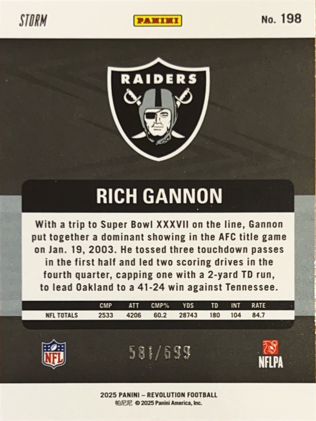 2025 Panini Revolution Football Rich Gannon #198 Storm /699
