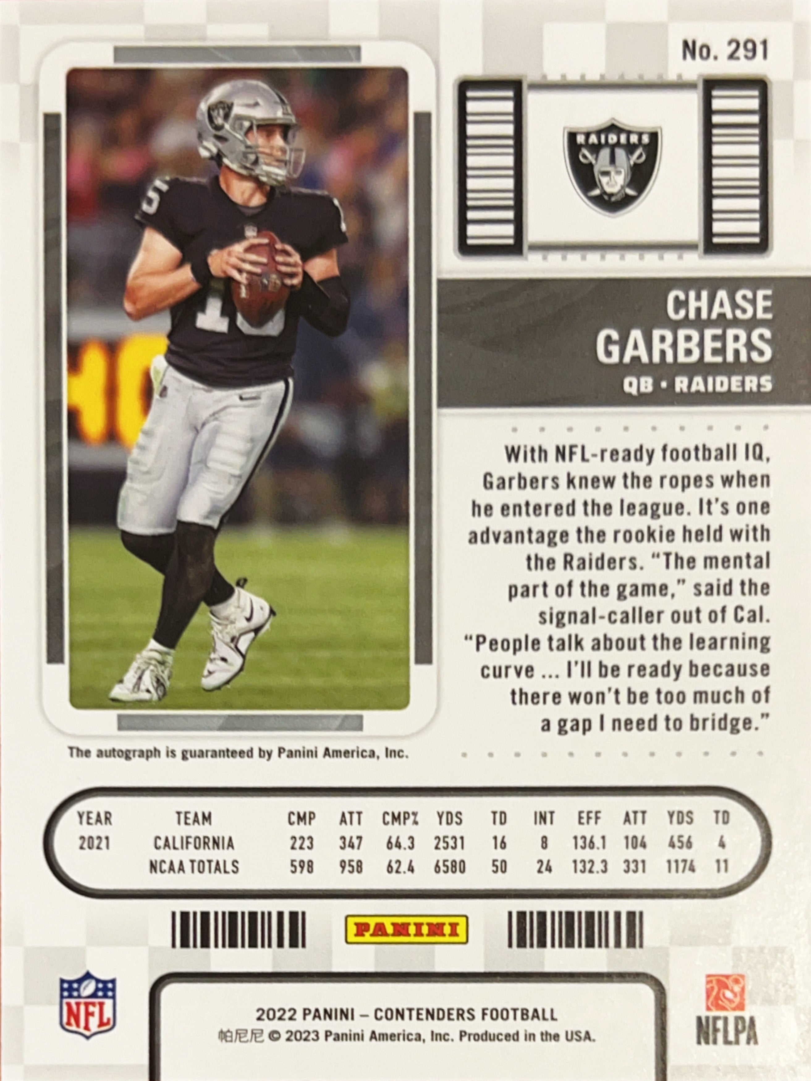 2023 Panini Contenders Football Chase Garbers #291 RC Auto
