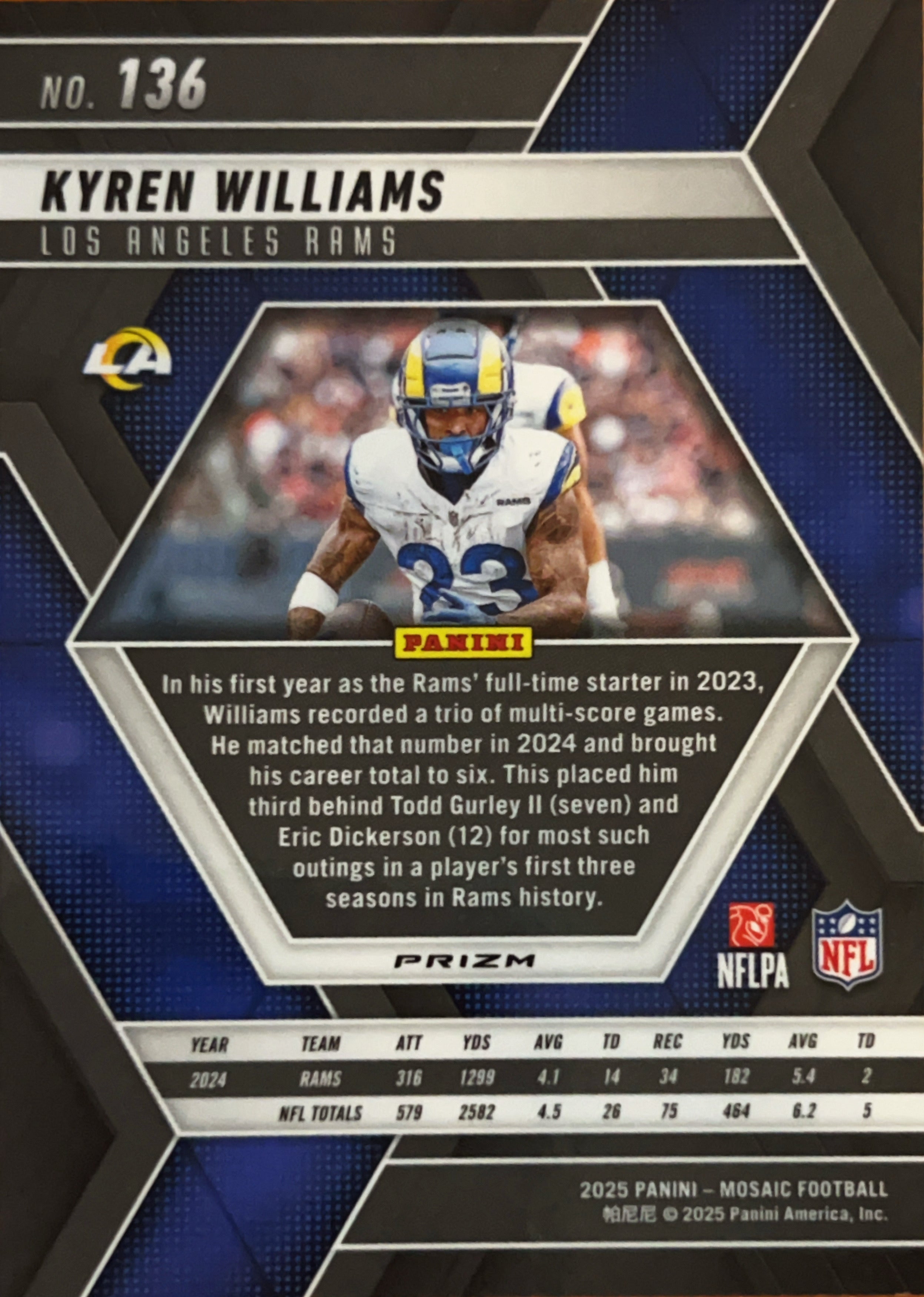 2025 Panini Mosaic Prizm Kyren Williams #136 Reactive Blue