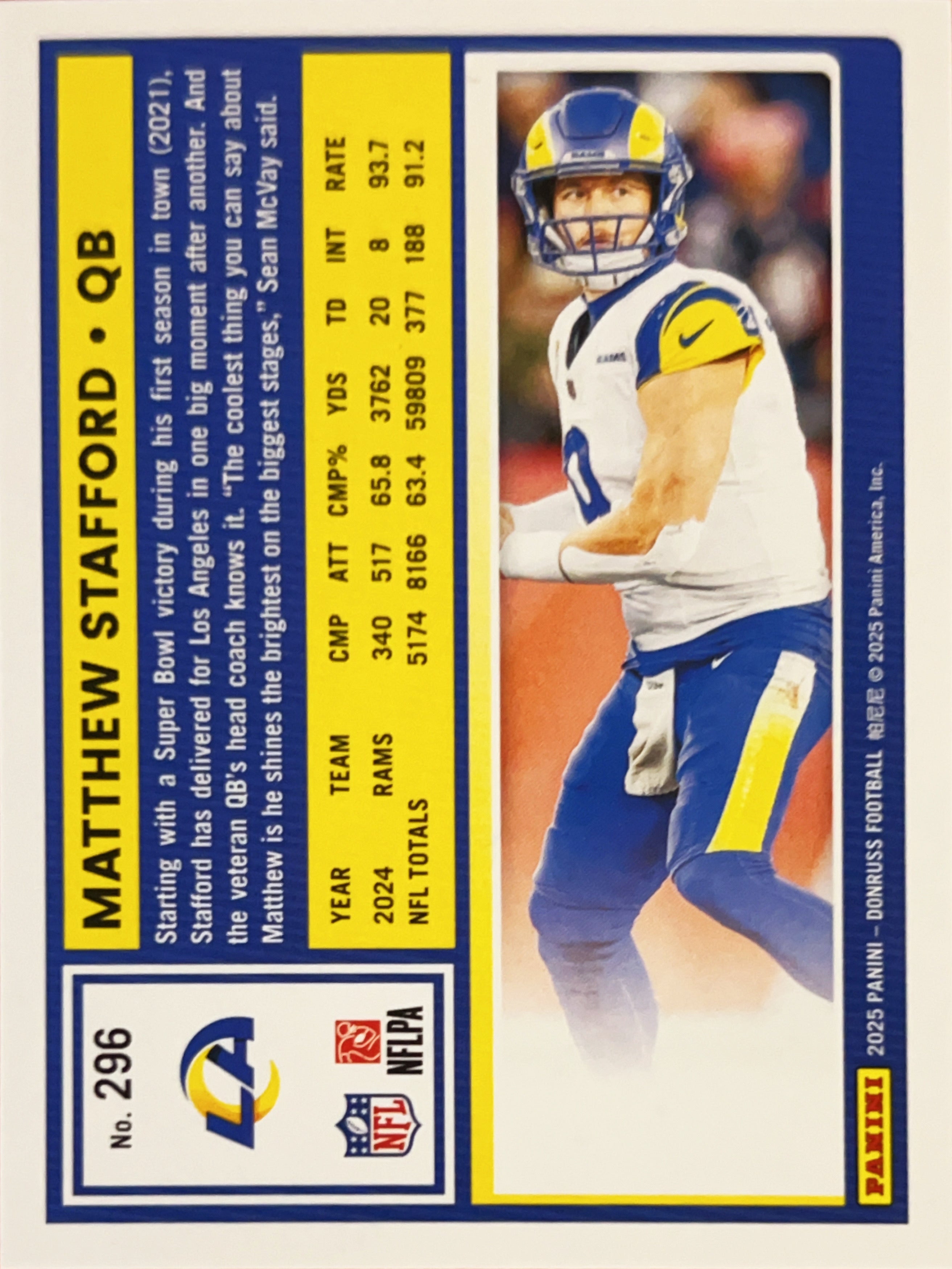 2025 Panini Donruss Matthew Stafford #296 Press Proof Red