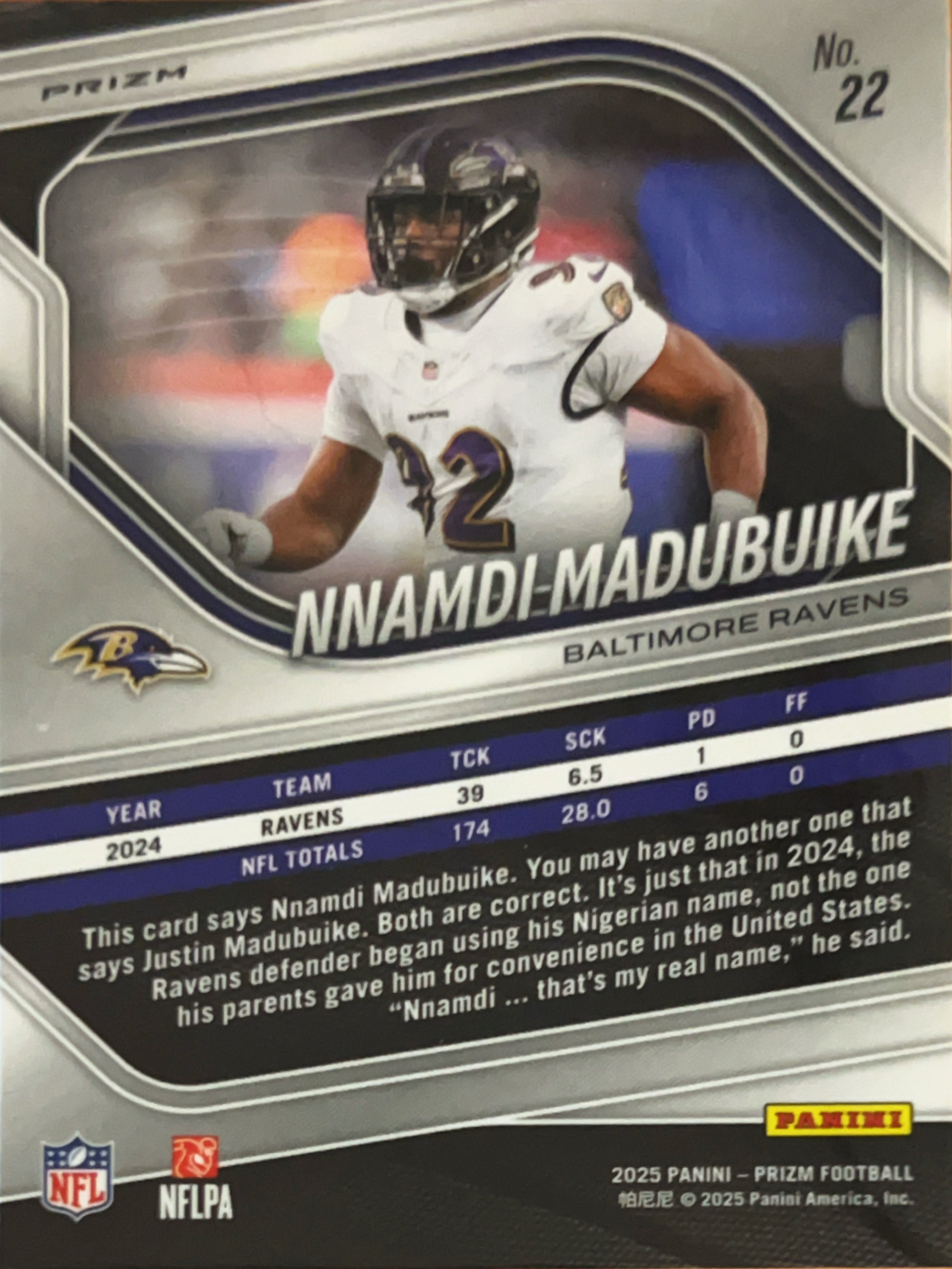 2025 Panini Prizm Nnamdi Madubuike #22 White Lazer