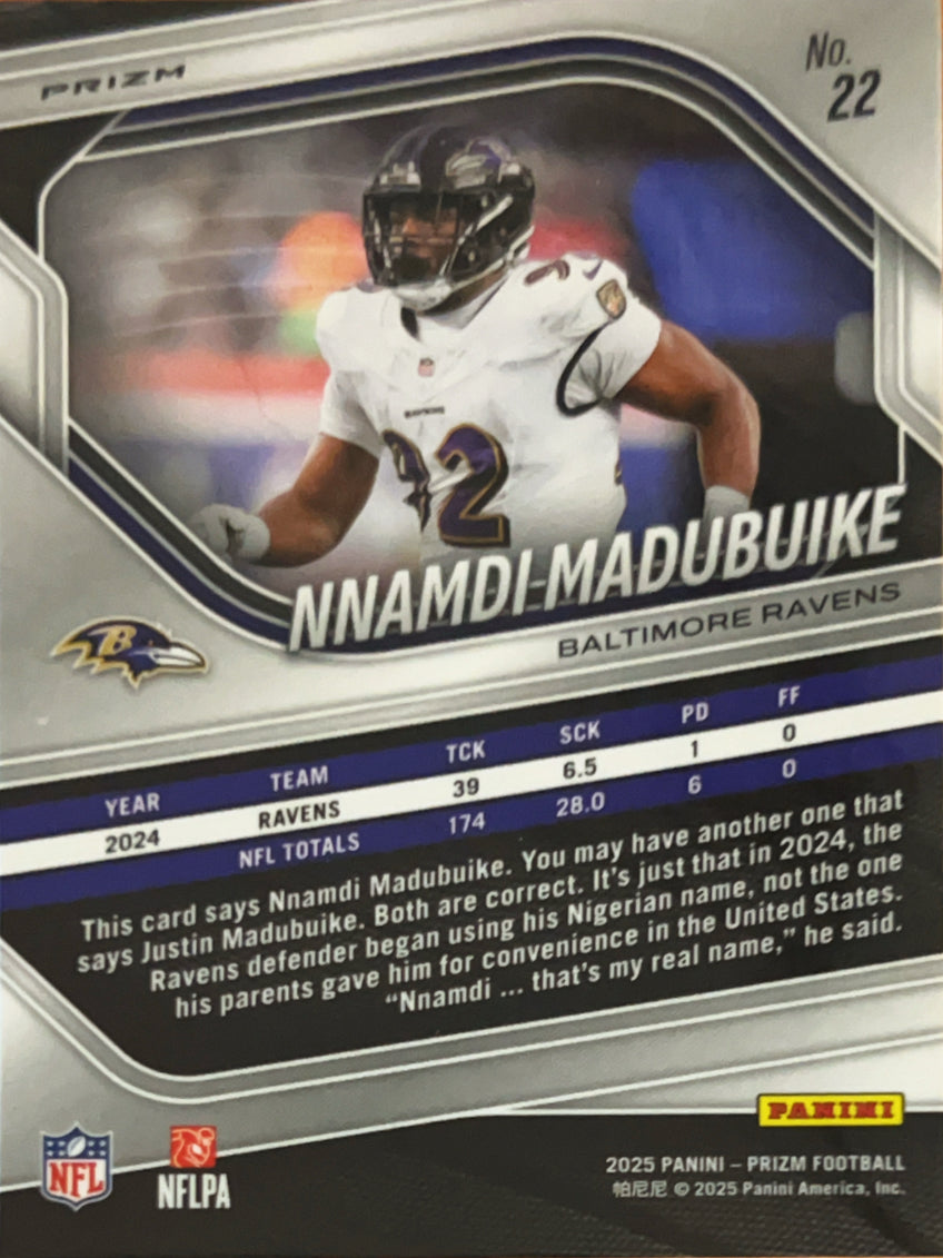 2025 Panini Prizm Nnamdi Madubuike #22 White Lazer