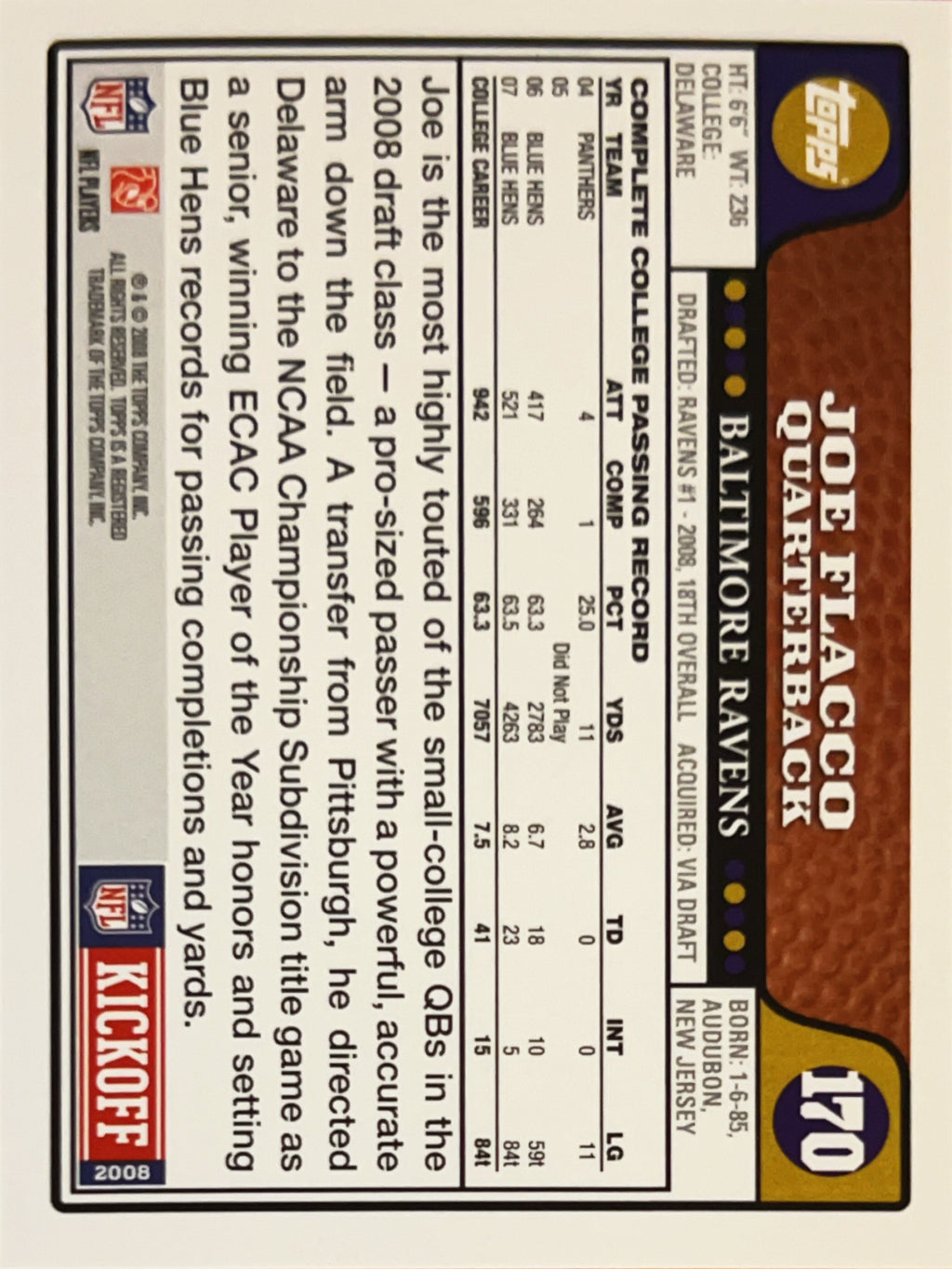 2008 Topps Kickoff Joe Flacco #170 RC