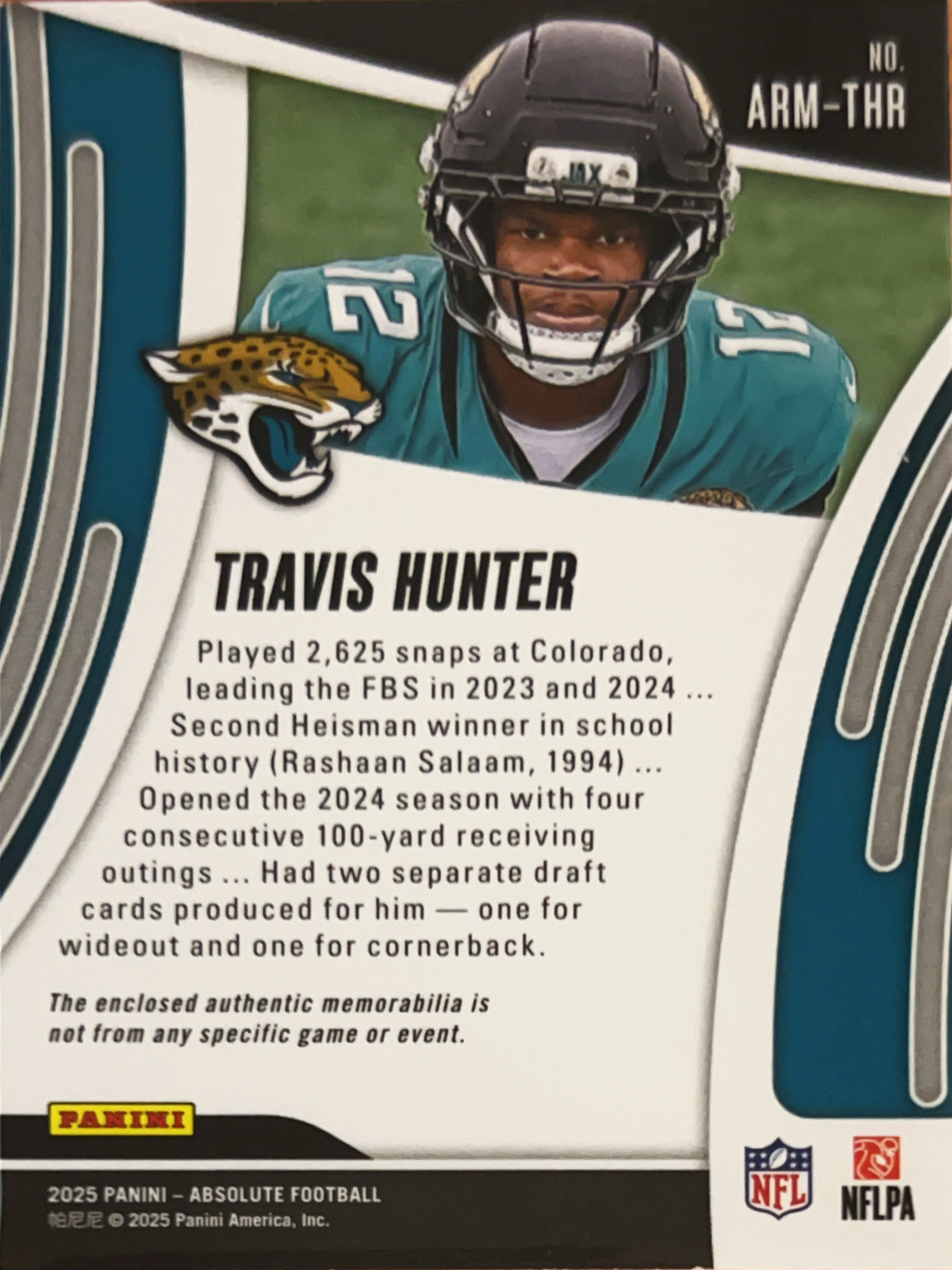 2025 Panini Absolute Football Travis Hunter #ARM-THR RC Memorabilia