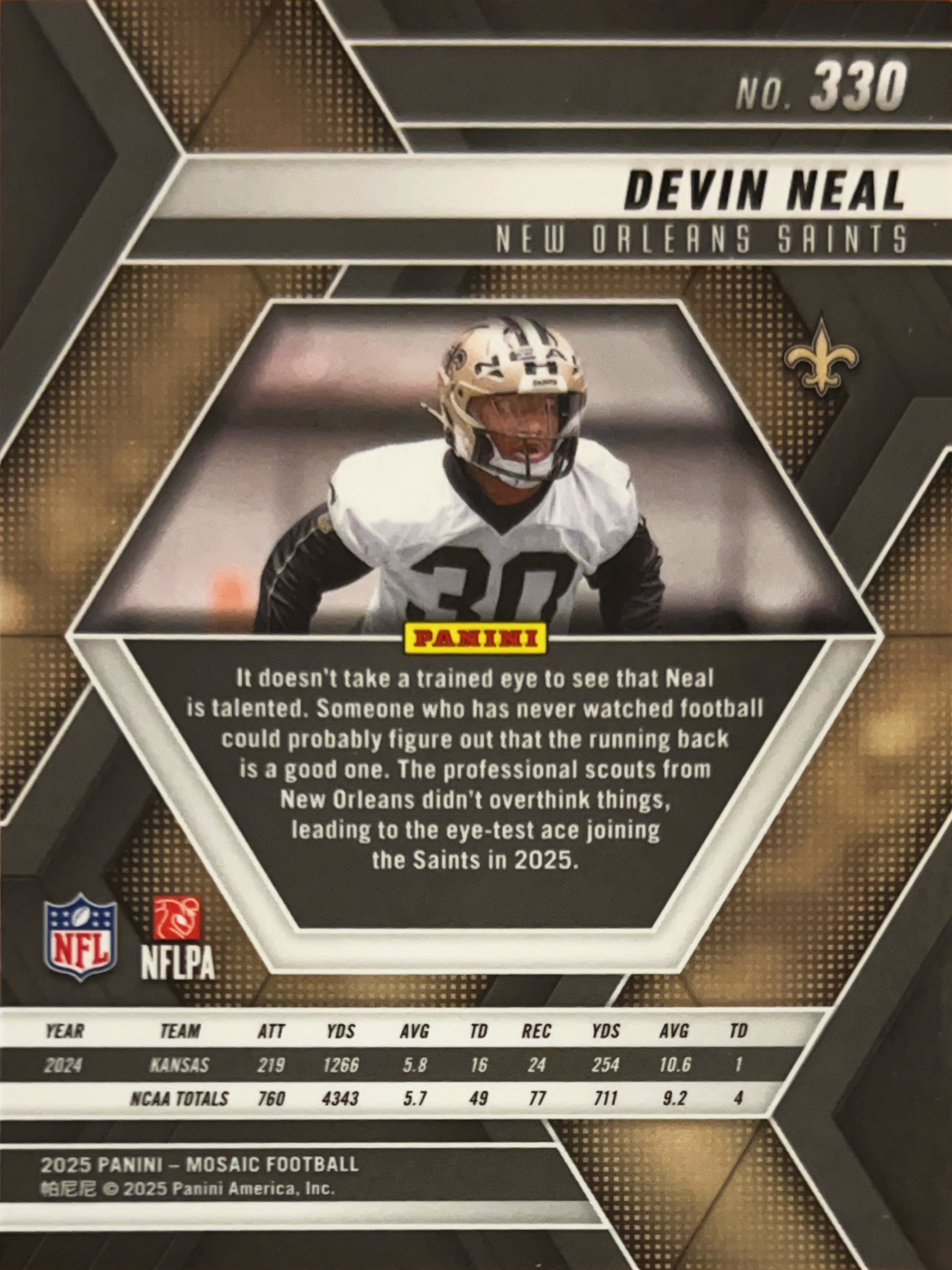 2025 Panini Mosaic Football Devin Neal #330 RC