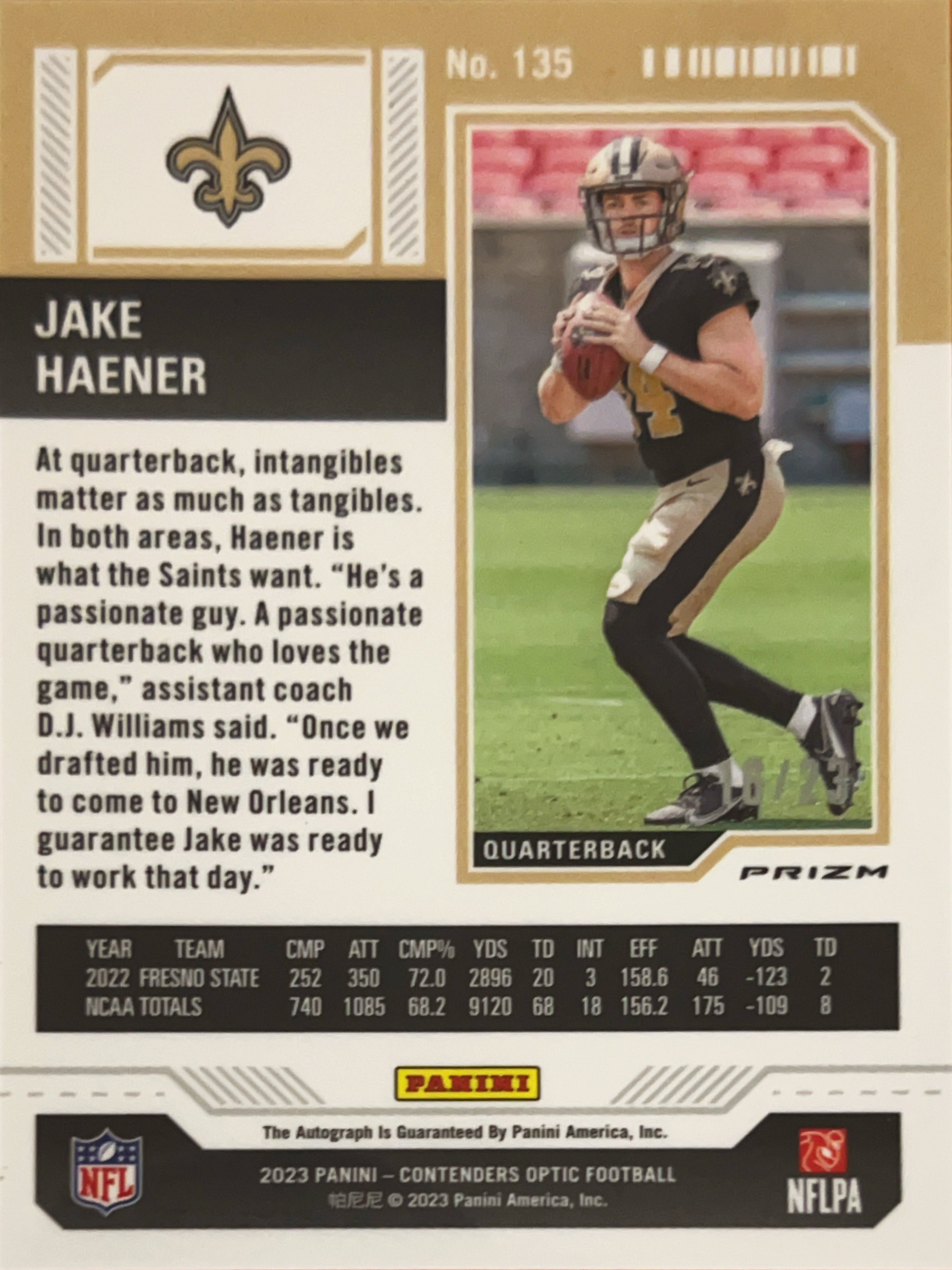 2023 Panini Contenders Optic Jake Haener #135 Blue Prizm /23 Auto