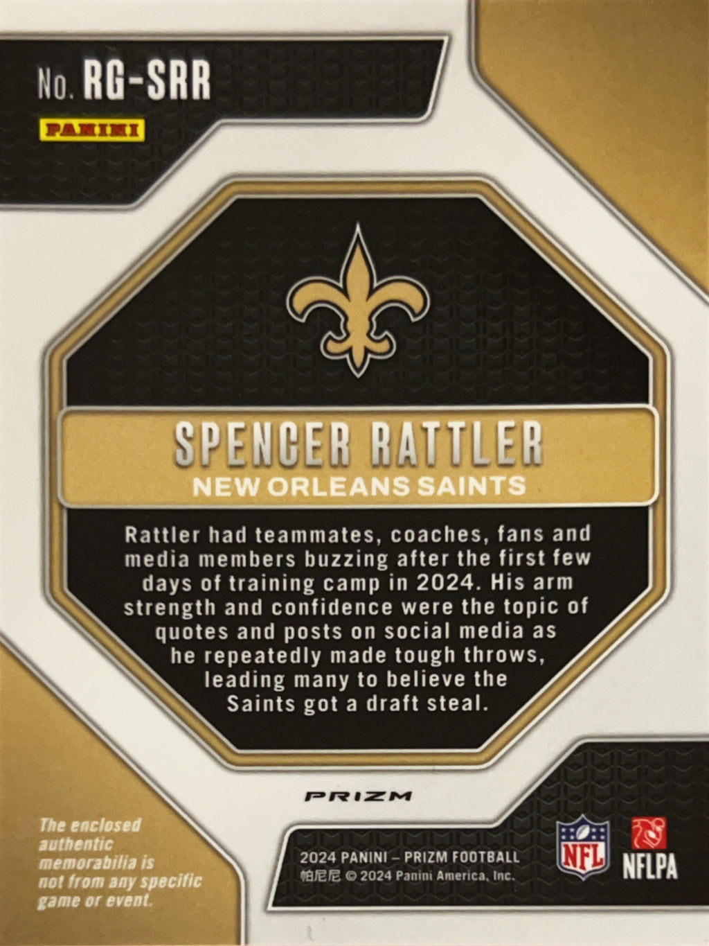 2024 Panini Prizm Rookie Gear Spencer Rattler #RG-SRR Green RC Memorabilia