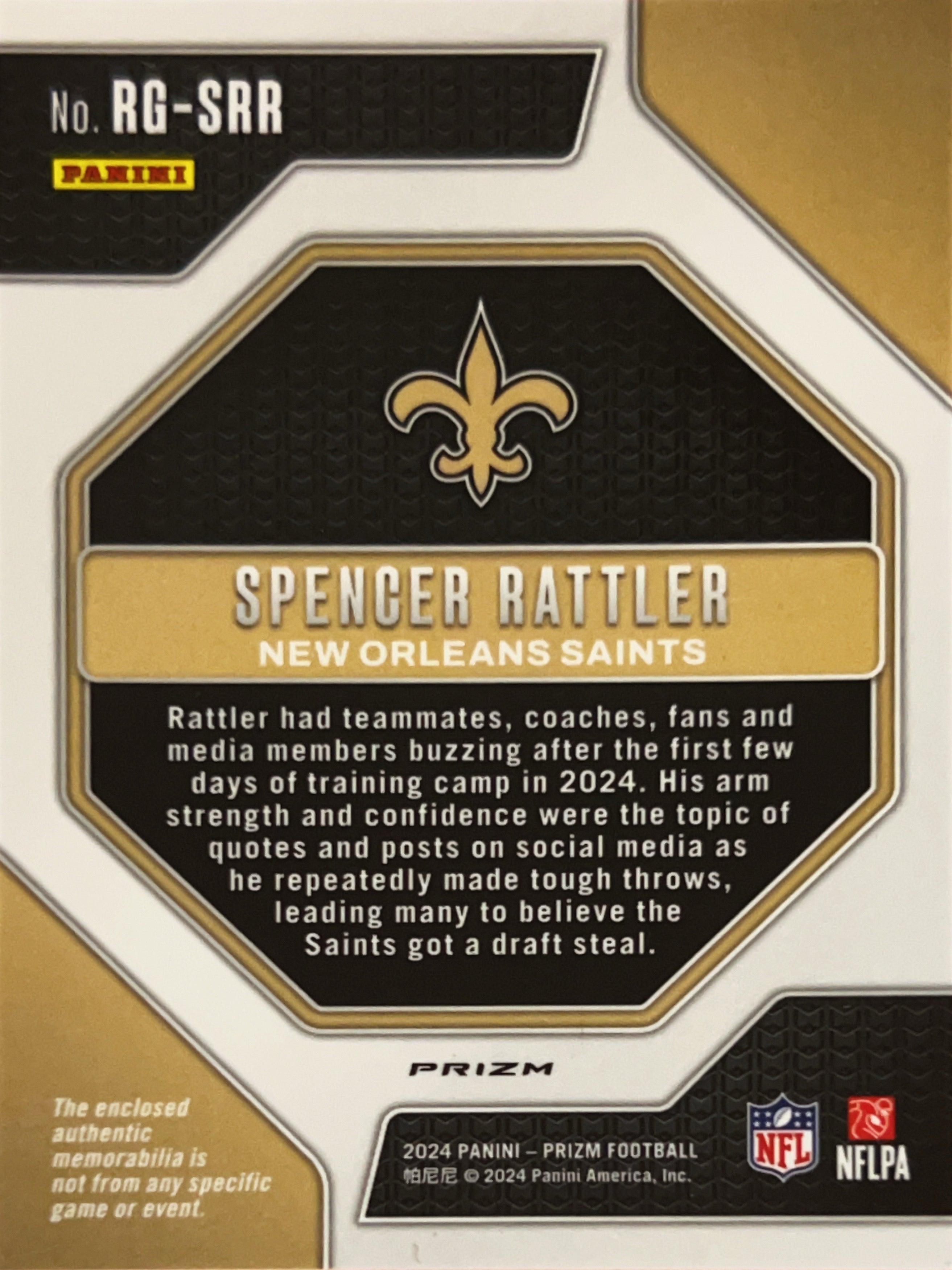 2024 Panini Prizm Rookie Gear Spencer Rattler #RG-SRR Green RC Memorabilia