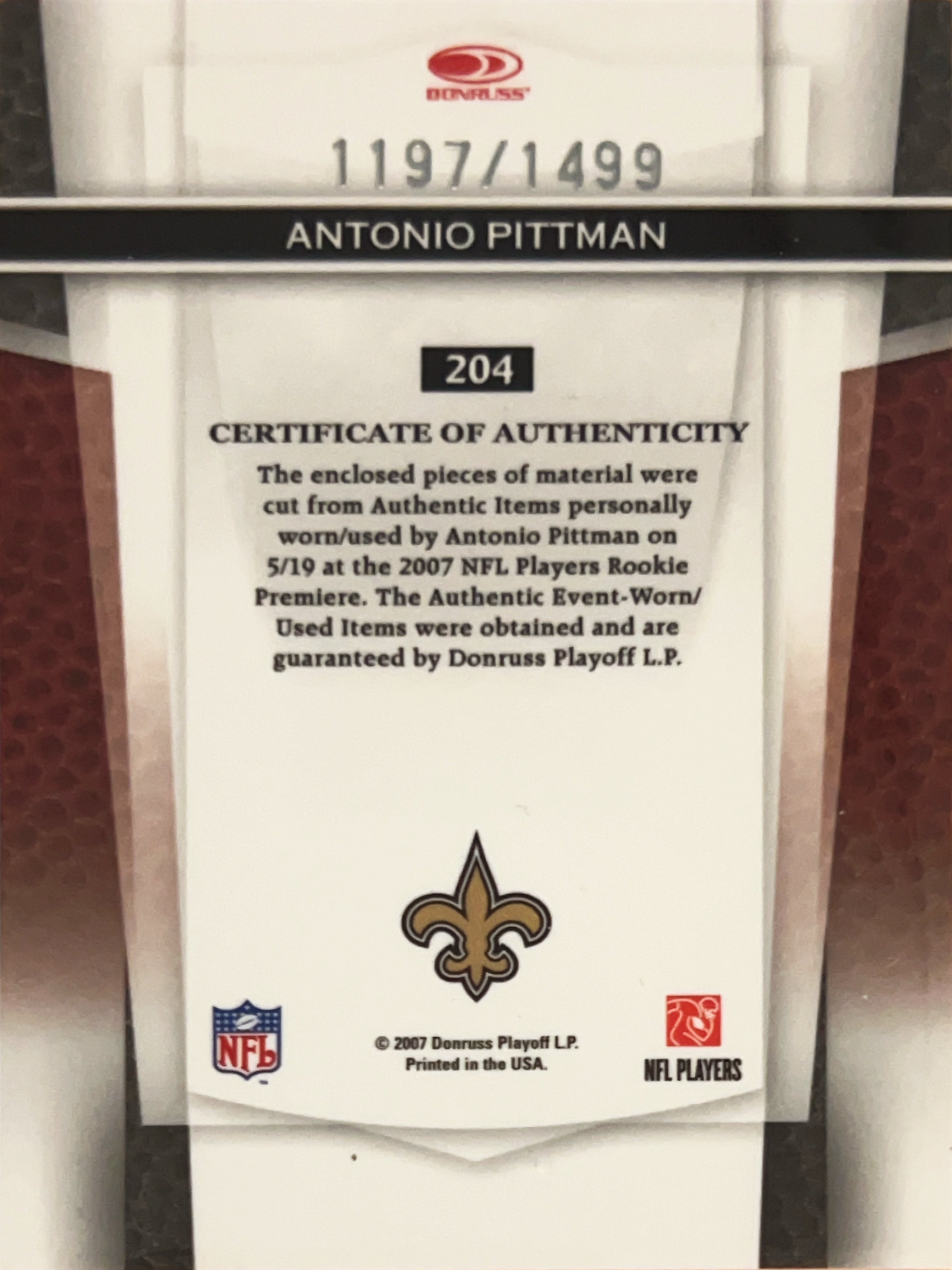 2007 Leaf Certified Materials Freshman Fabric Antonio Pittman #204 1197/1497