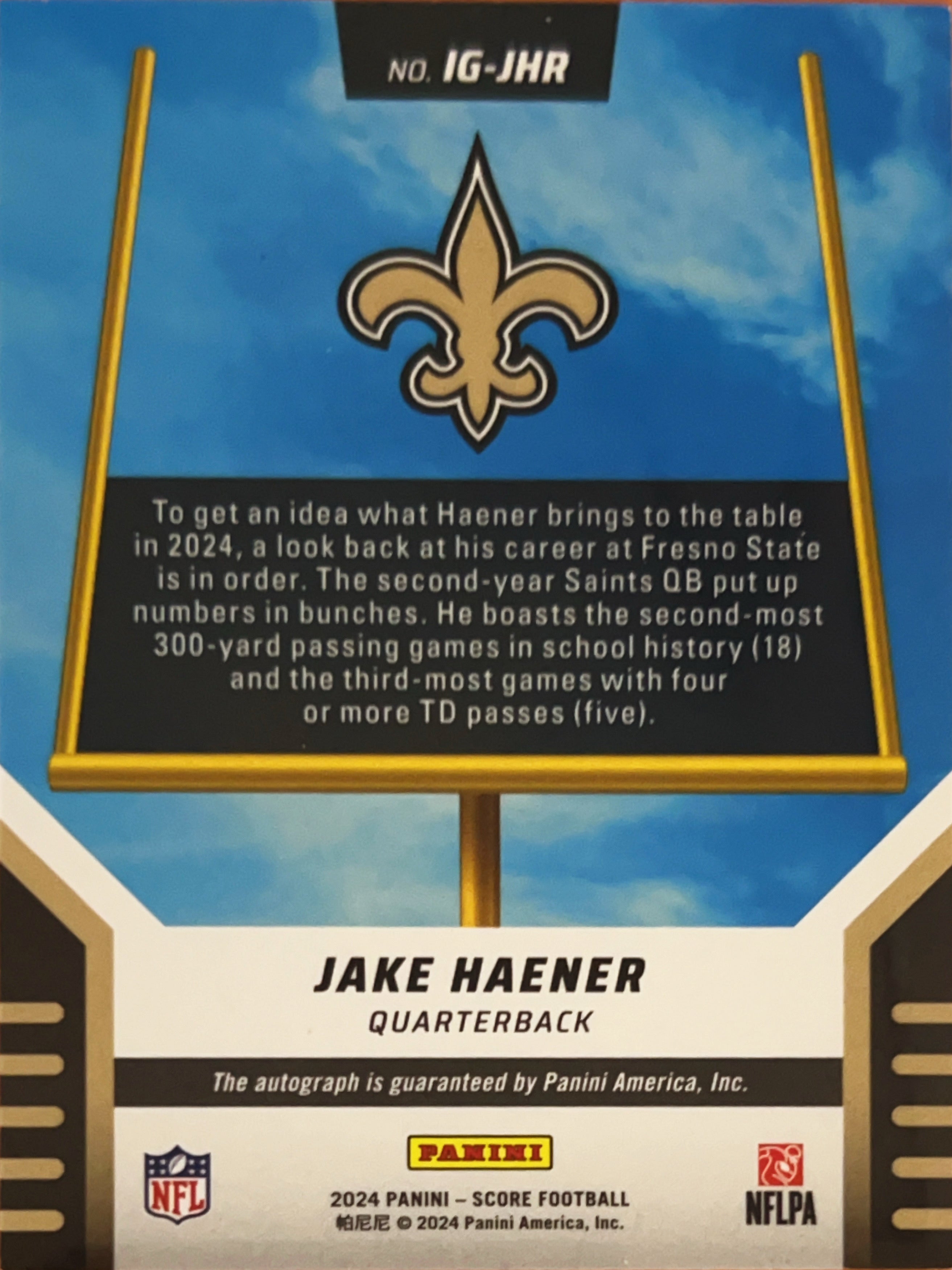 2024 Panini Score Football It's Good! Jake Haener #IG-JHR Auto