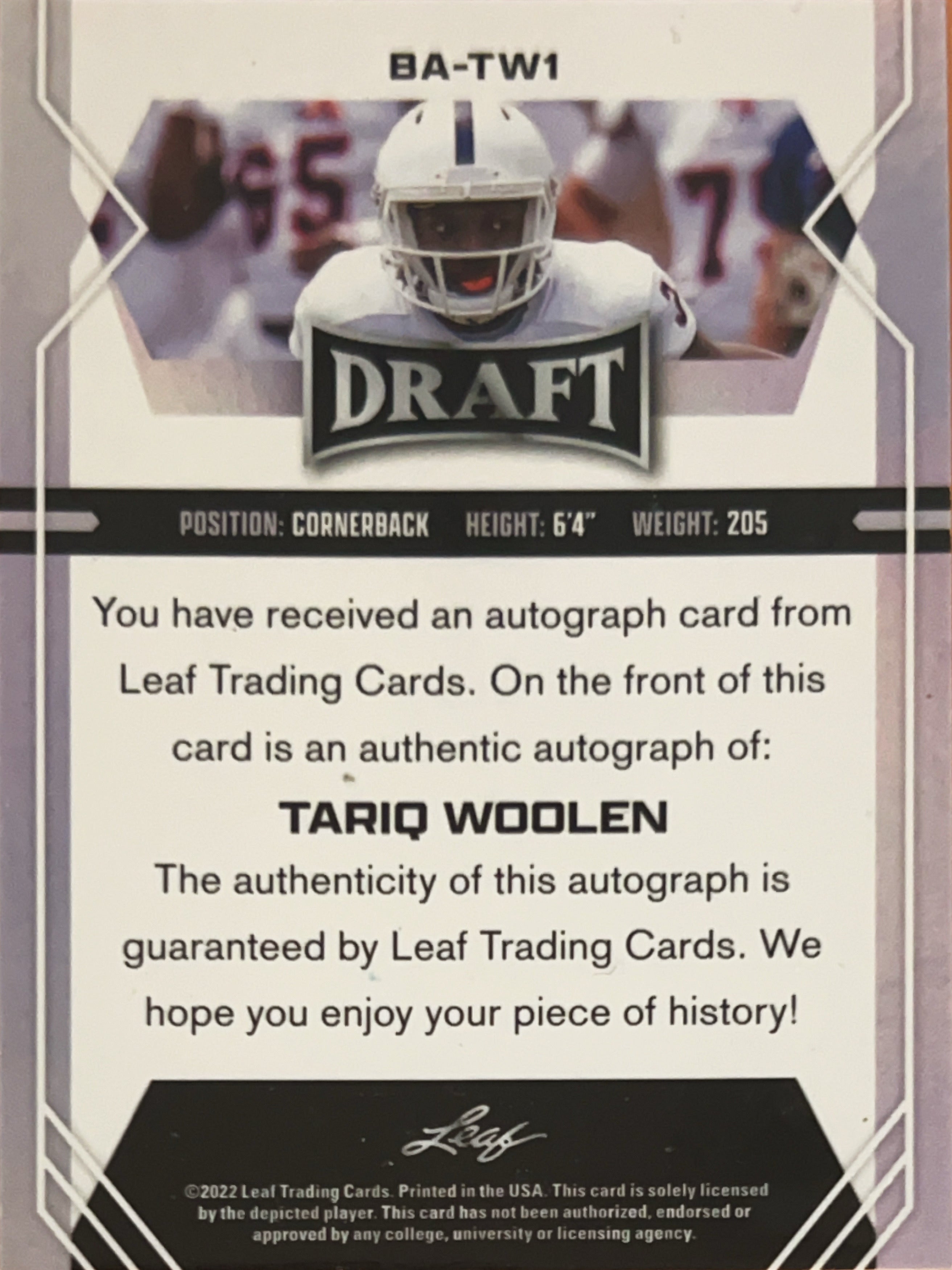 2022 Leaf Draft Tariq Woolen #BA-TW1 RC Auto