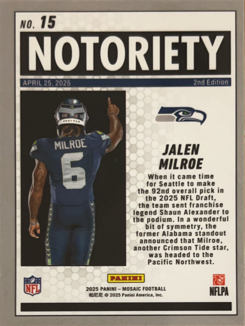 2025 Panini Mosaic Football Notoriety Jalen Milroe #15 Silver Prizm RC