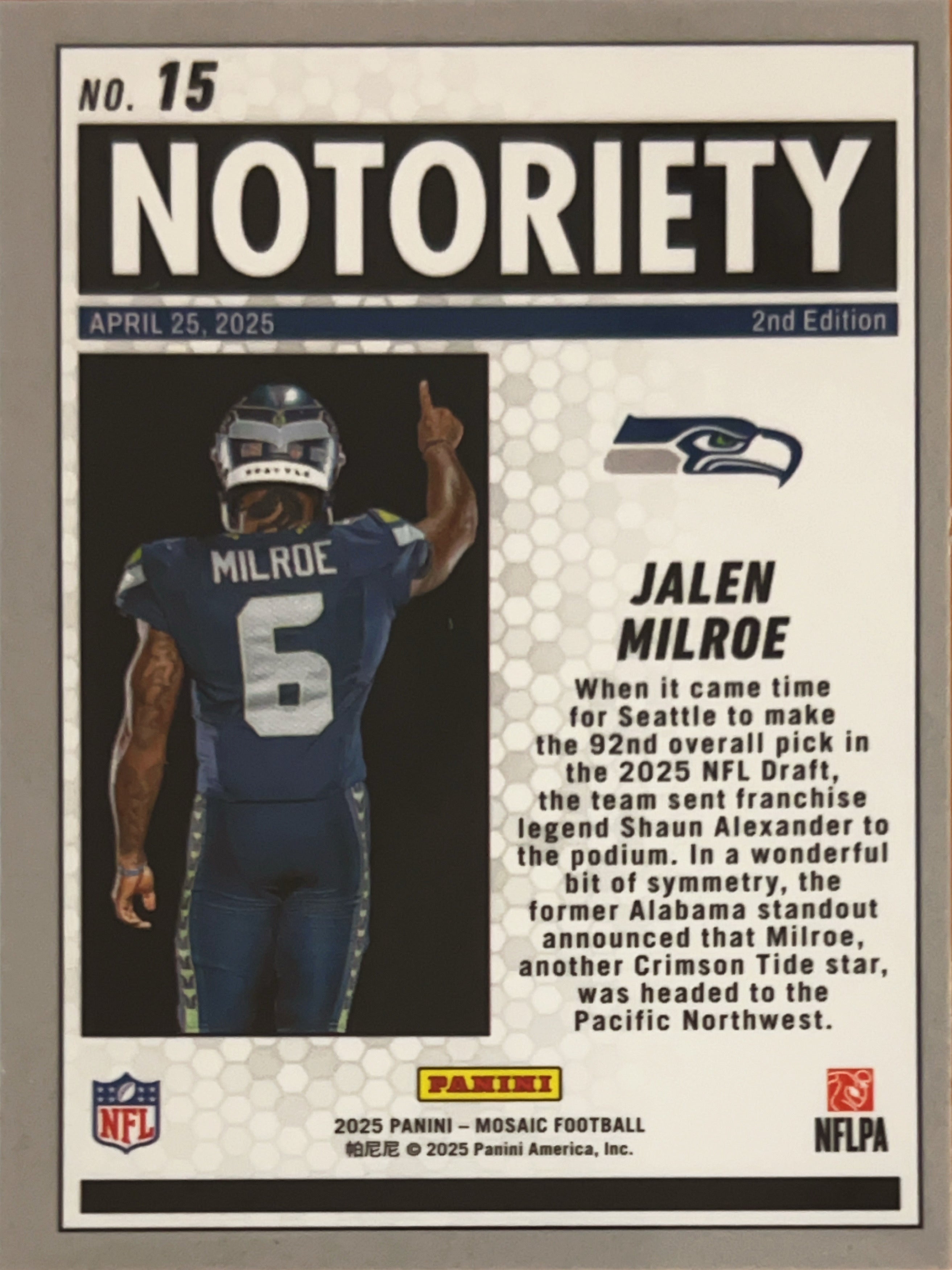 2025 Panini Mosaic Football Notoriety Jalen Milroe #15 Silver Prizm RC