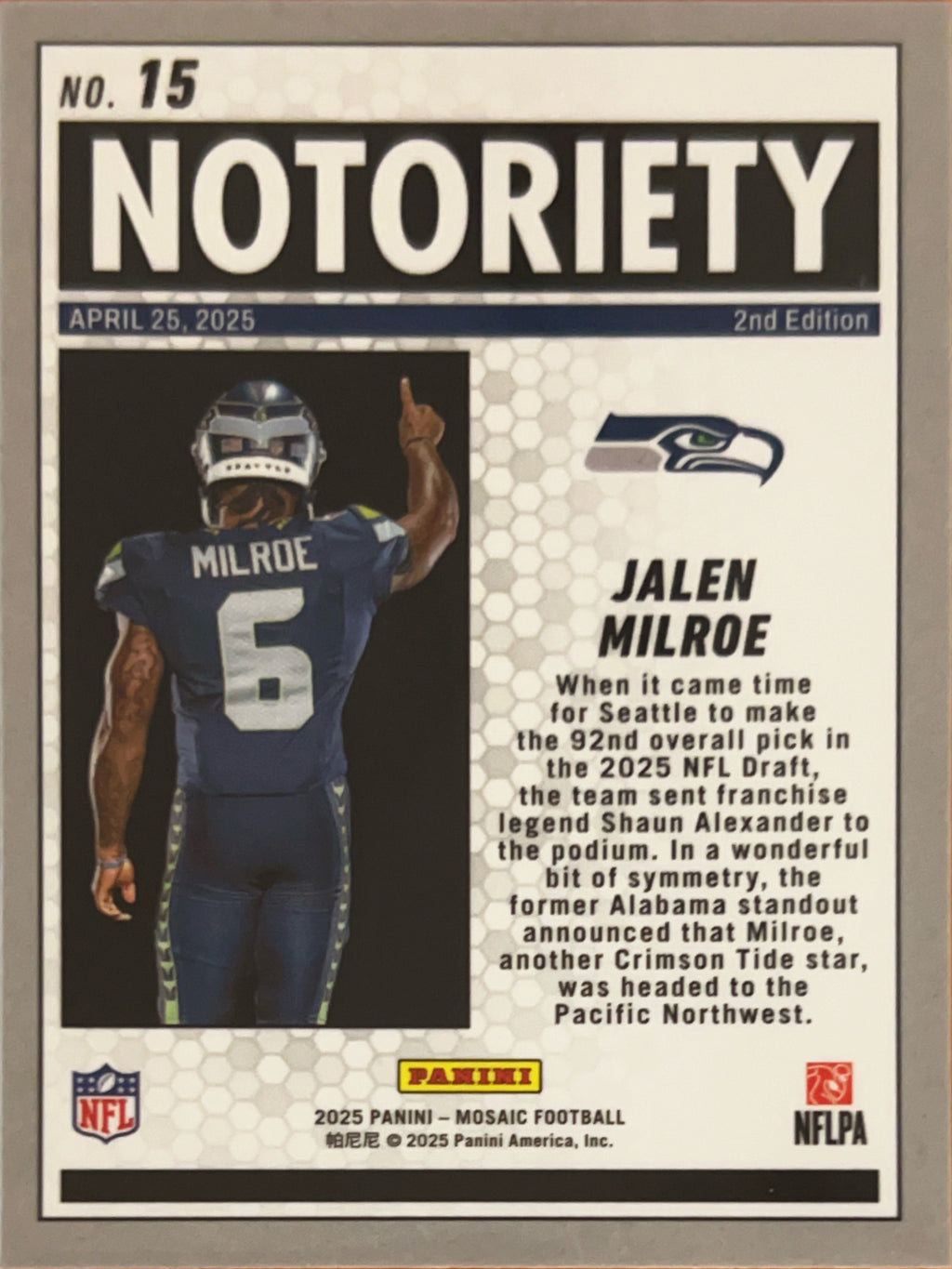 2025 Panini Mosaic Football Notoriety Jalen Milroe #15 RC