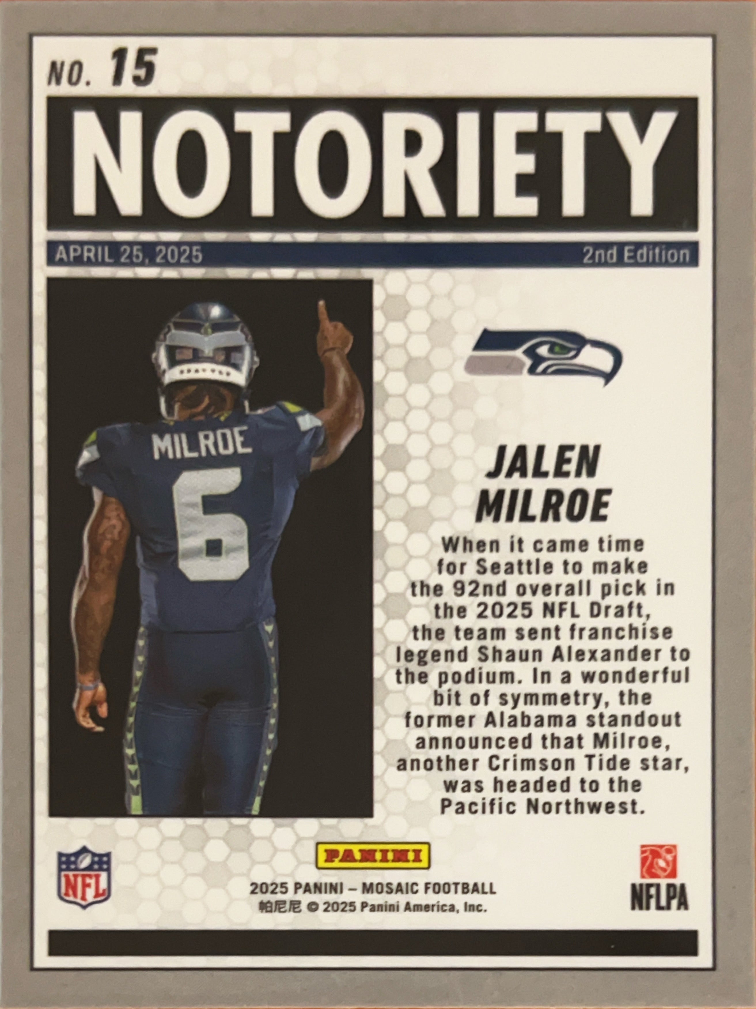 2025 Panini Mosaic Football Notoriety Jalen Milroe #15 RC