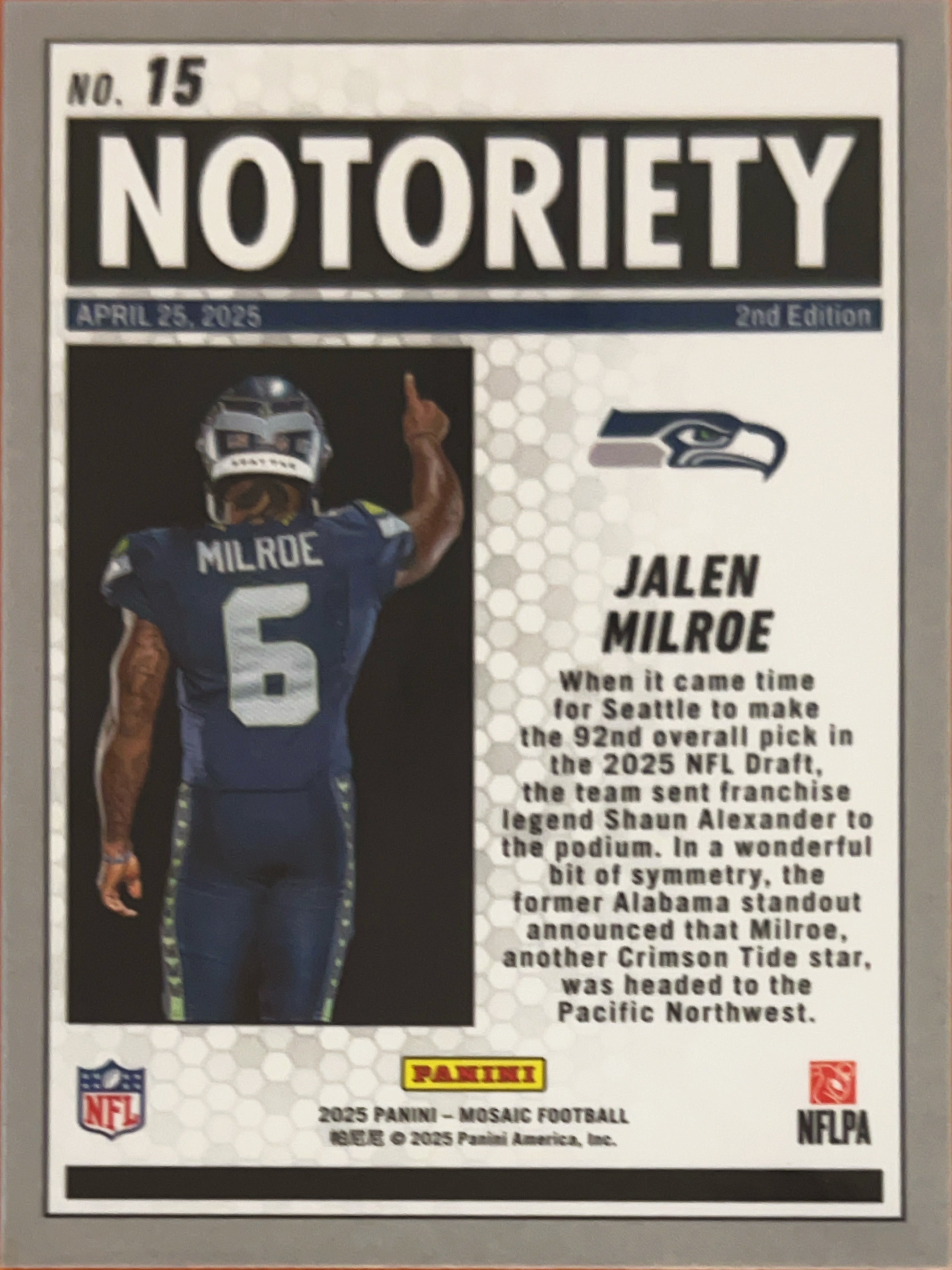 2025 Panini Mosaic Football Notoriety Jalen Milroe #15 RC