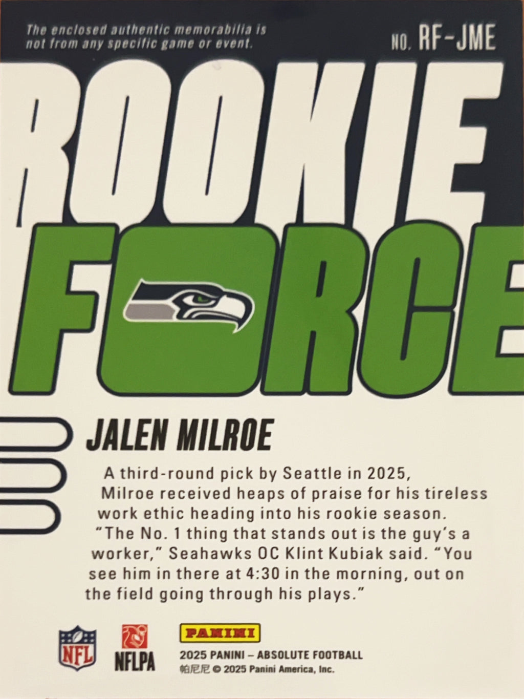 2025 Panini Absolute Football Rookie Force Jalen Milroe #RF-JME RC Memorabilia