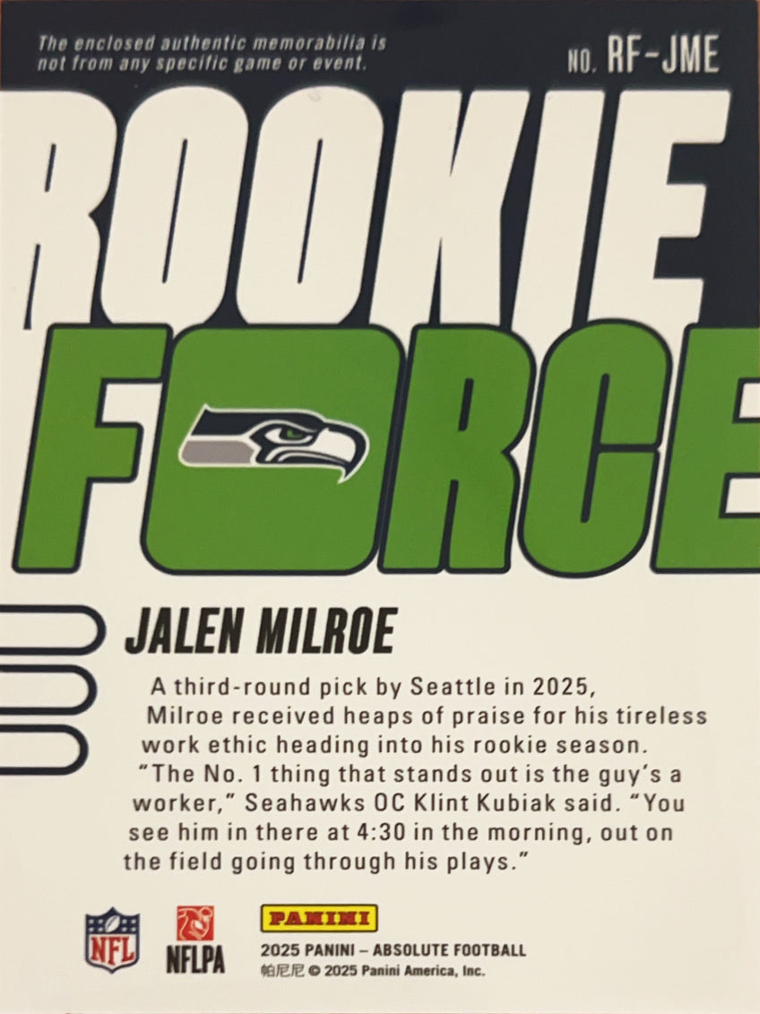 2025 Panini Absolute Football Rookie Force Jalen Milroe #RF-JME RC Memorabilia