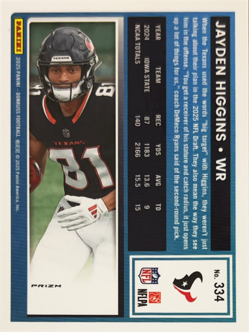2025 Panini Donruss Optic Prizm Jayden Higgins #334 Pink