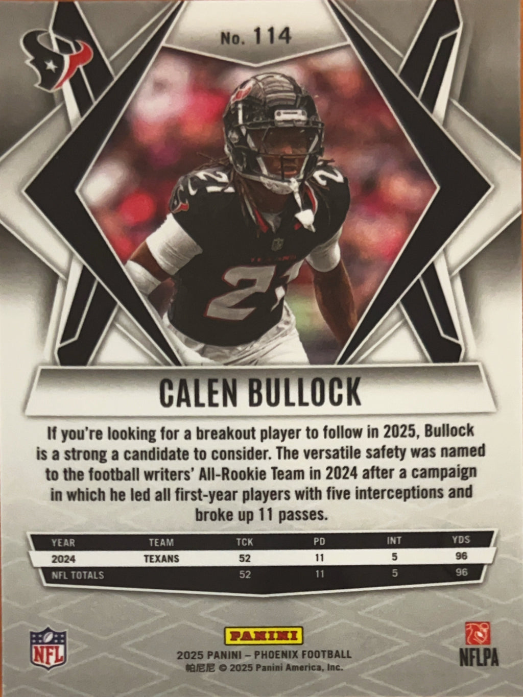 2025 Panini Phoenix Football Calen Bullock #114 Silver Prizm