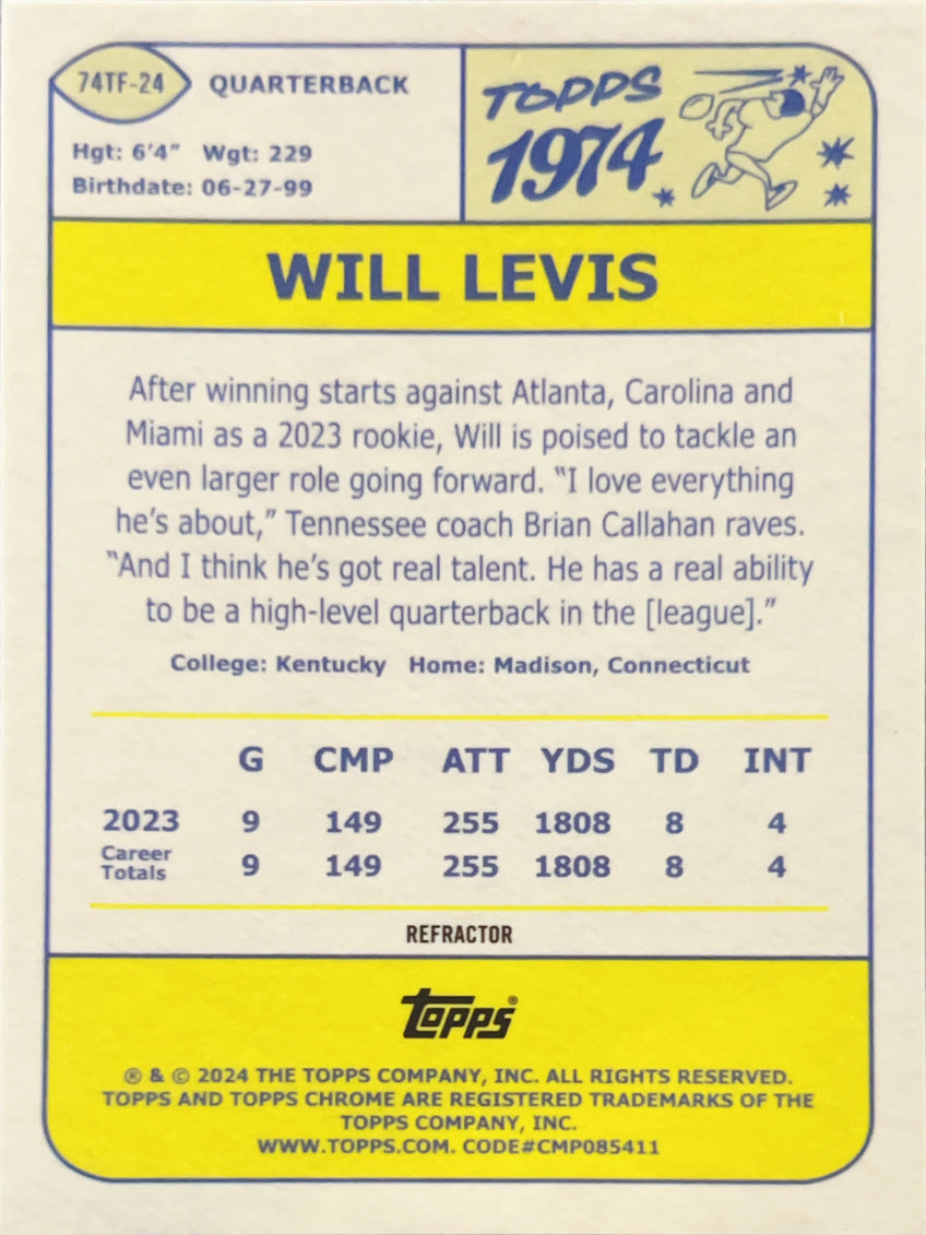 2024 Topps Chrome Will Levis #74TF-24 Refractor
