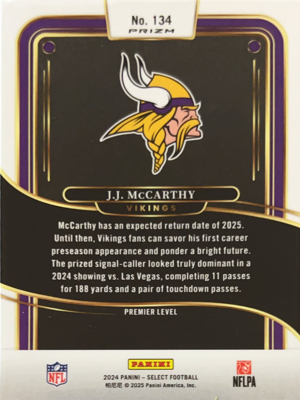 2025 Panini Select Football J.J. McCarthy #134 Prizm RC