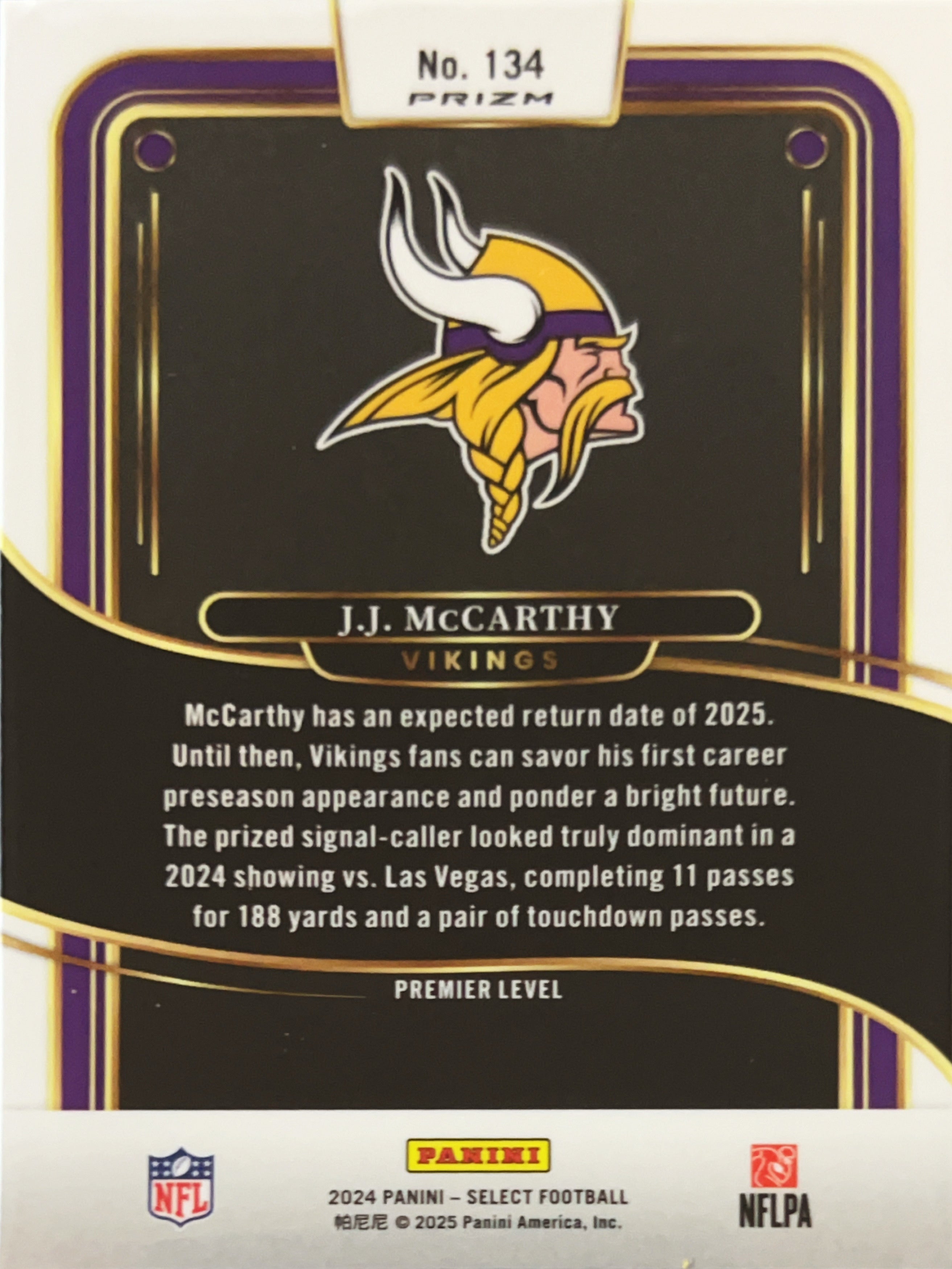 2025 Panini Select Football J.J. McCarthy #134 Prizm RC