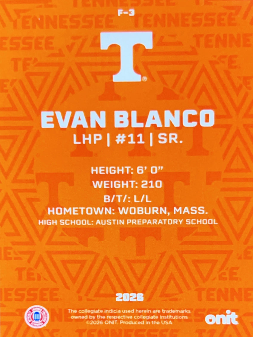 2026 ONIT Tennessee Baseball Evan Blanco #F-3