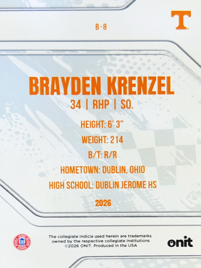 2026 ONIT Tennessee Baseball Brayden Krenzel #B-8