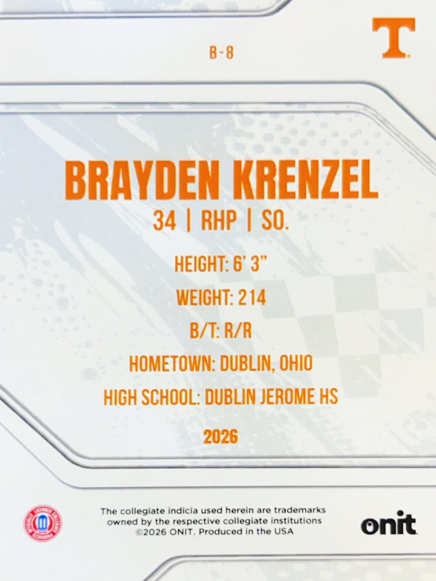 2026 ONIT Tennessee Baseball Brayden Krenzel #B-8