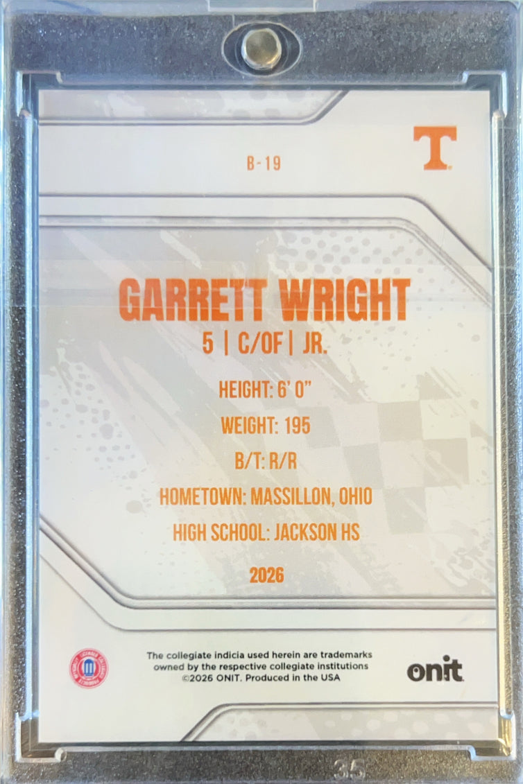 2026 ONIT Tennessee Baseball Garrett Wright #B-19 Gold Star Burst /1