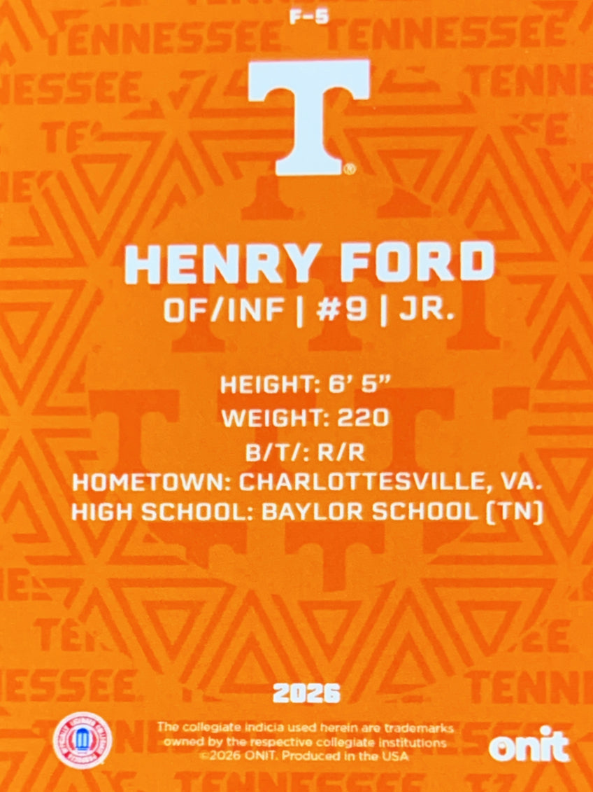 2026 ONIT Tennessee Baseball Henry Ford #F-5
