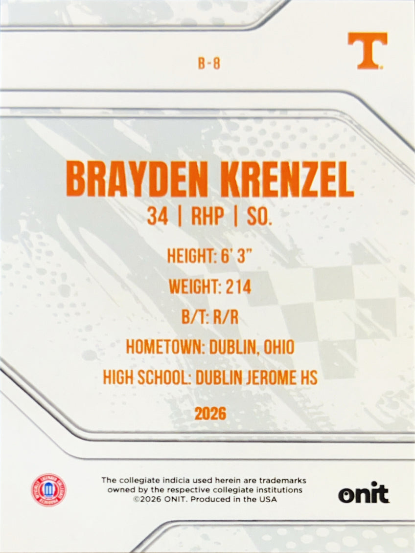 2026 ONIT Tennessee Baseball Brayden Krenzel #B-8