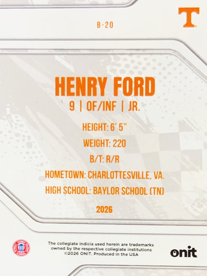2026 ONIT Tennessee Baseball Henry Ford #B-20 Orange Shimmer