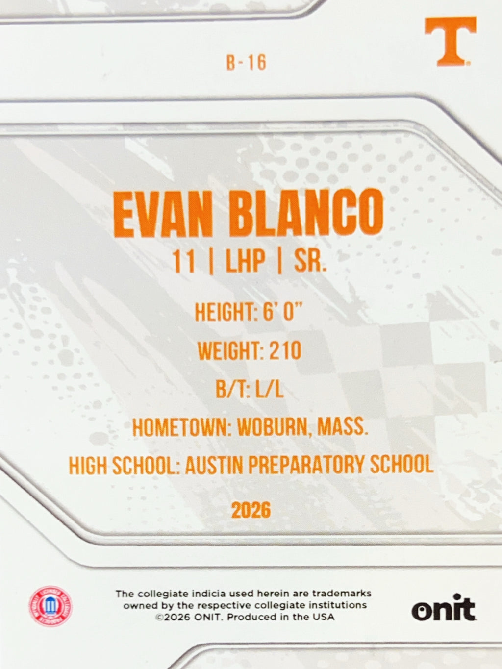 2026 ONIT Tennessee Baseball Evan Blanco #B-16 Silver Sparkle /49